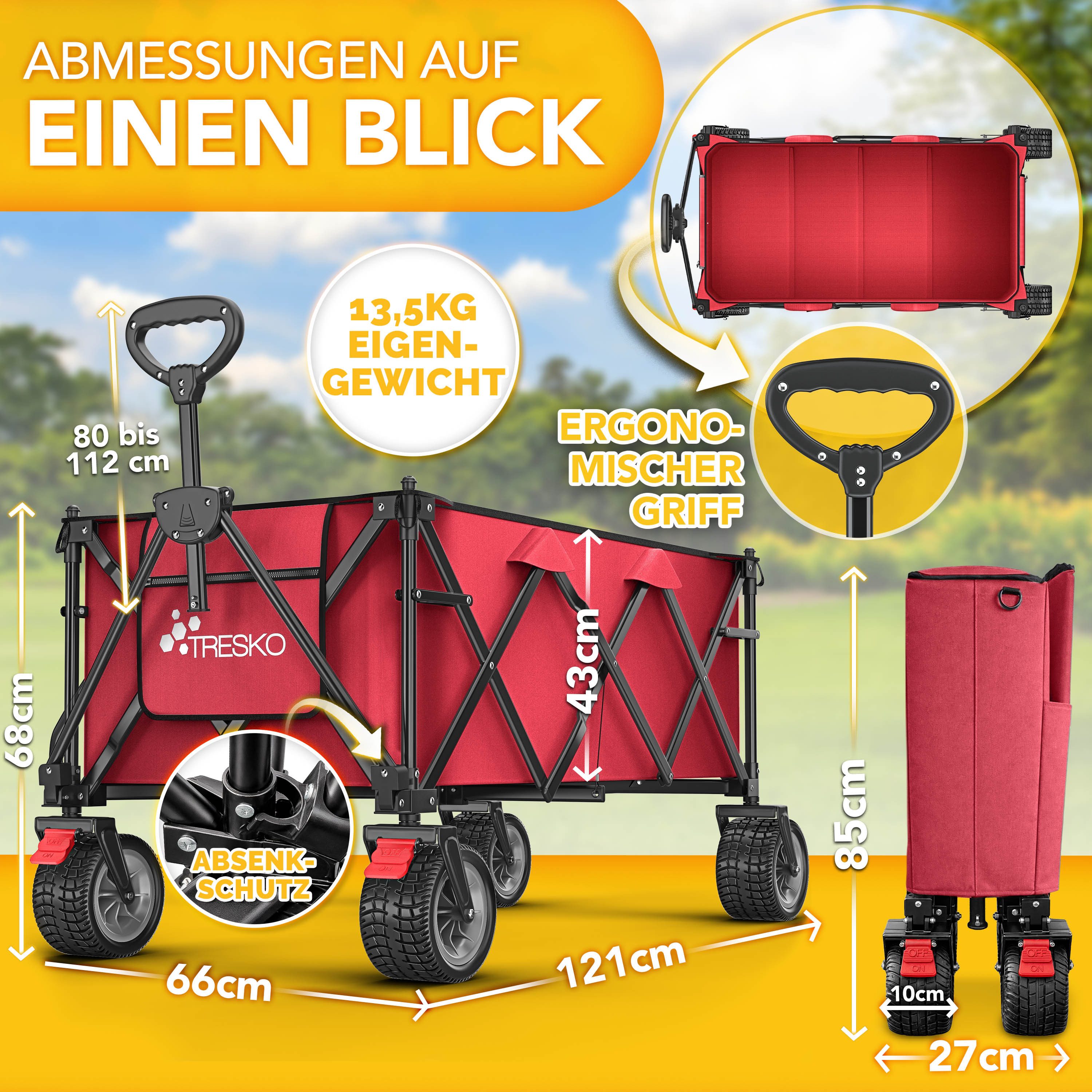 TRESKO Bollerwagen TRESKO® GV-215 Faltbarer Bollerwagen Handwagen (Faltbarer Strandwagen Extra Breite All-Terrain-Räder, Transportwagen mit Tragetasche), faltbar 215L mit Bremse Handwagen klappbar 150kg inkl. Vollgummireifen