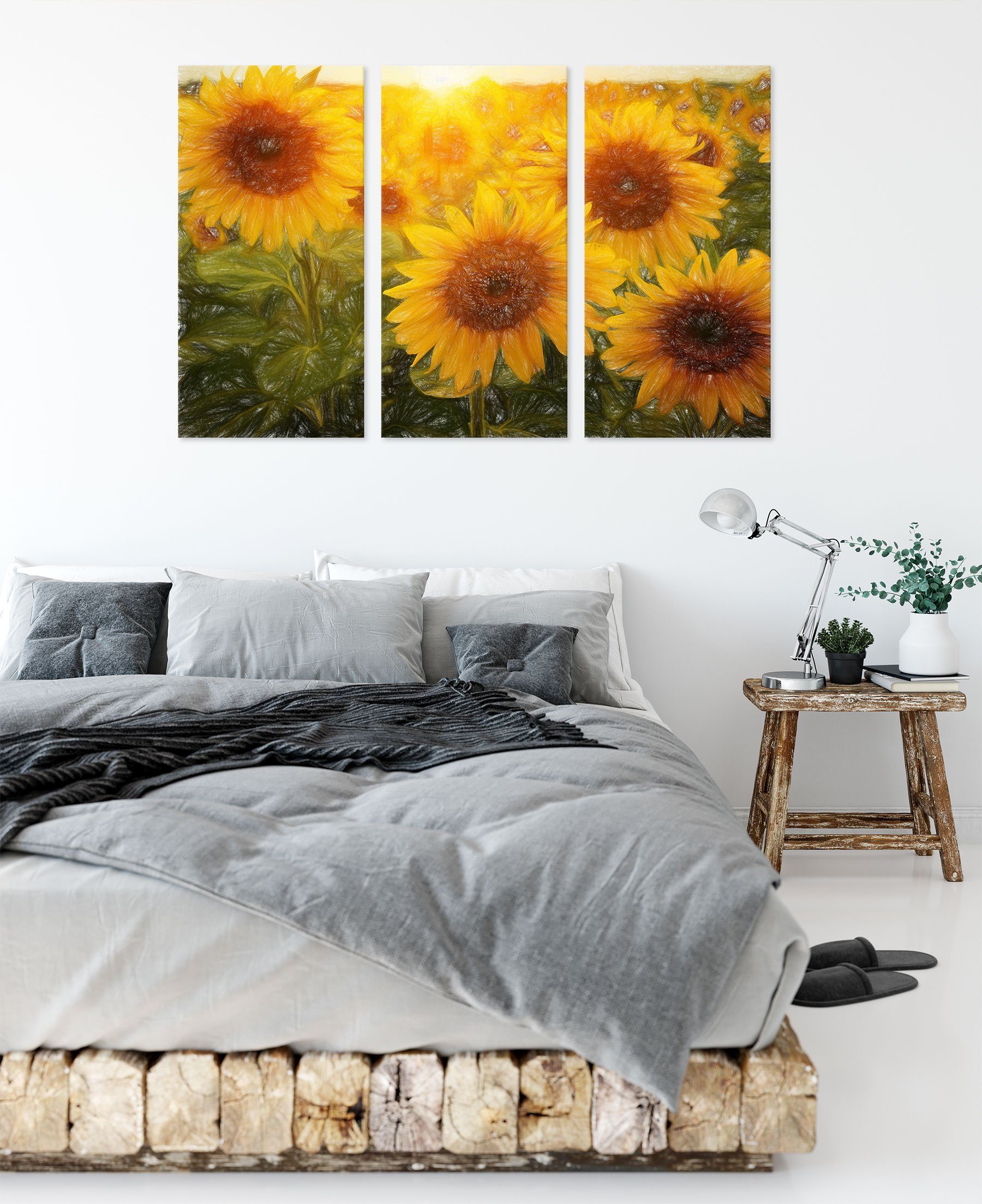 auf St), Leinwandbild Sonnenblumen (1 inkl. Pixxprint auf fertig Leinwandbild dem Zackenaufhänger 3Teiler (120x80cm) Feld bespannt, dem Feld, Sonnenblumen