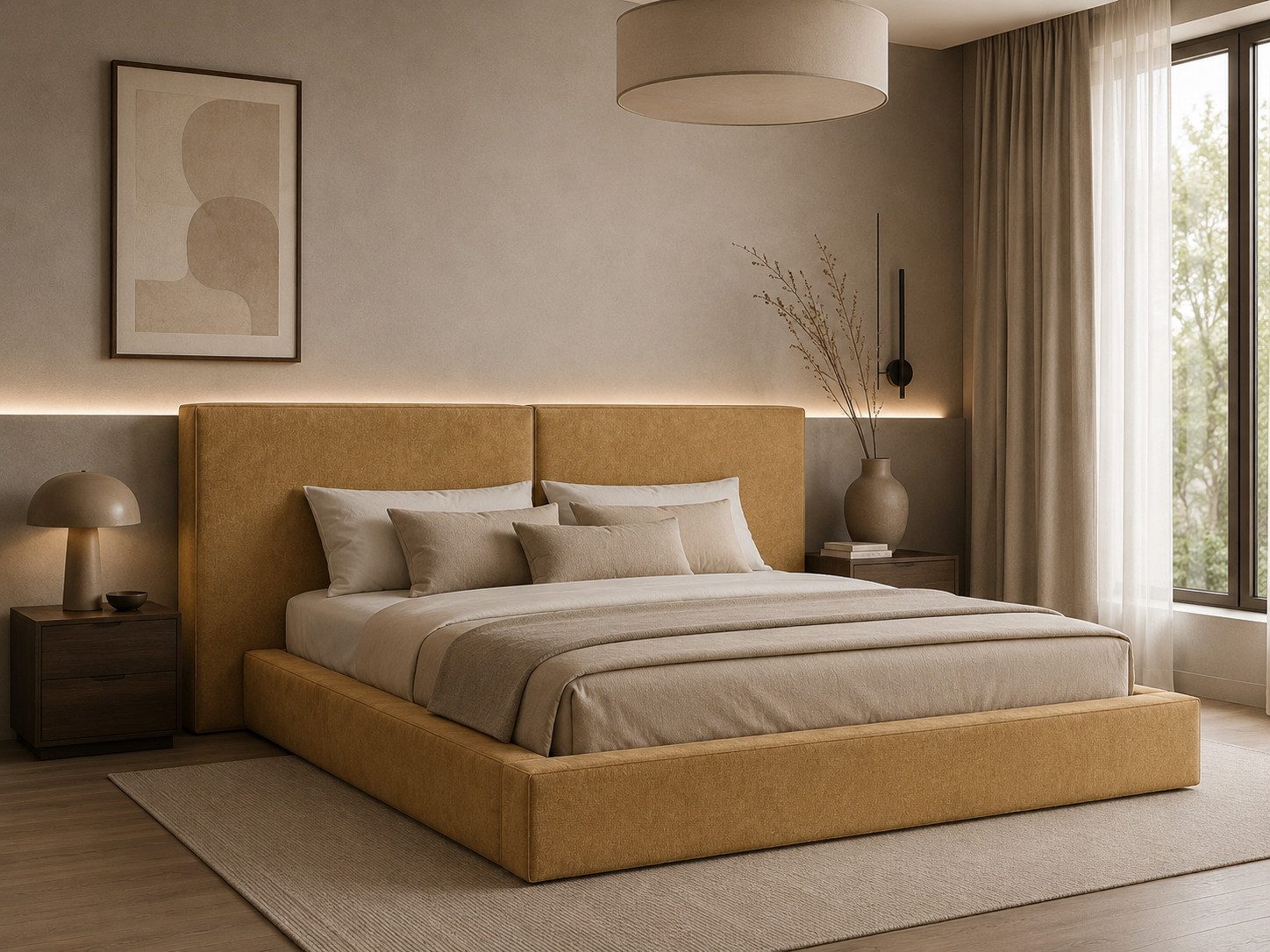MOEBLO Polsterbett aus Strukturstoff Bett 06 (Bezug: Strukturstoff, Doppelbett mit Kopfstütze, Rahmenbettgestell, mit Bettkasten und Lattenrost), gepolstertes Kopfteil