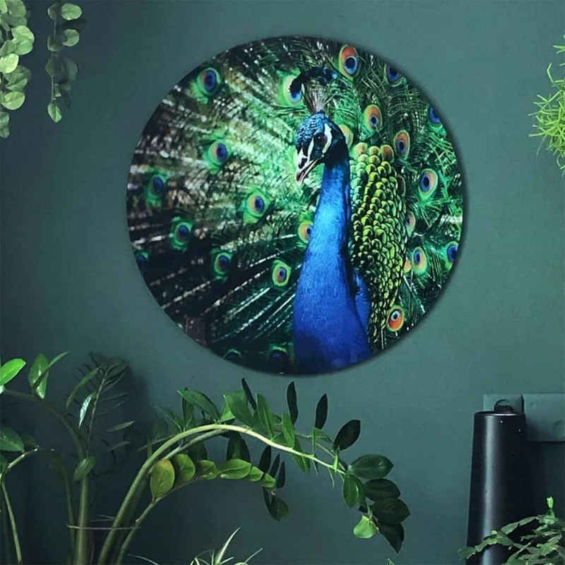 K&L Wall Art Gemälde Glas Wandbild Rund Glasbild Poster Pfau Vogel eleganter Peacock, Wandschutz Deko Bilder