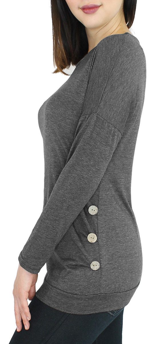 dy_mode Langarmshirt Damen Langarmshirt Rundhals Longshirt mit Knopf-Detail günstig online kaufen