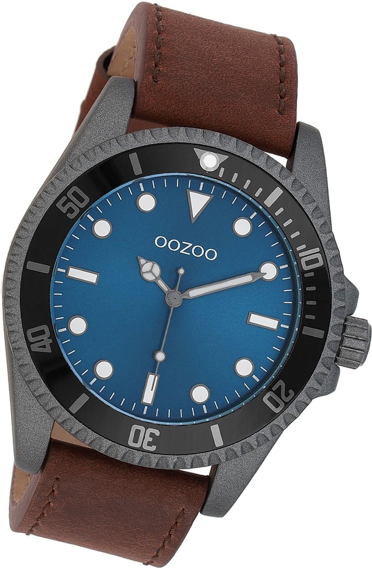 OOZOO Quarzuhr Oozoo Herren Armbanduhr Gehäuse, braun, rundes Lederarmband Herrenuhr groß (ca. Timepieces, 44mm)