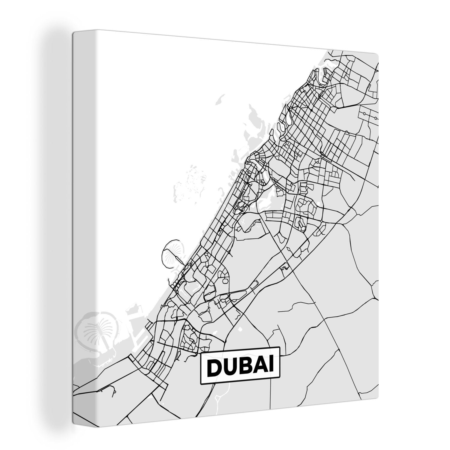 OneMillionCanvasses® Leinwandbild Dubai - Stadtplan - Schwarz und Weiß - Karte, (1 St), Leinwand Bilder für Wohnzimmer Schlafzimmer