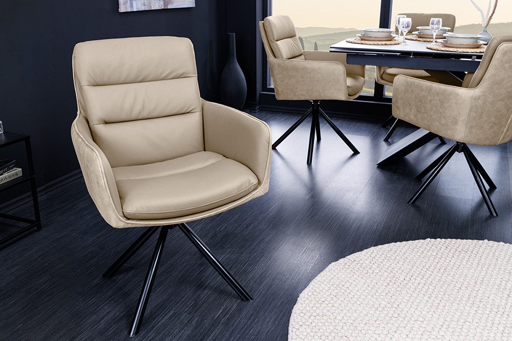riess-ambiente Polsterstuhl BIG GEORGE beige/schwarz-Echtleder, Microfaser, Armlehne, 360° drehbar (Einzelartikel, 1 St), gepolsterter Drehstuhl - ideal für Wohn-, Arbeits-, Esszimmer & Küche
