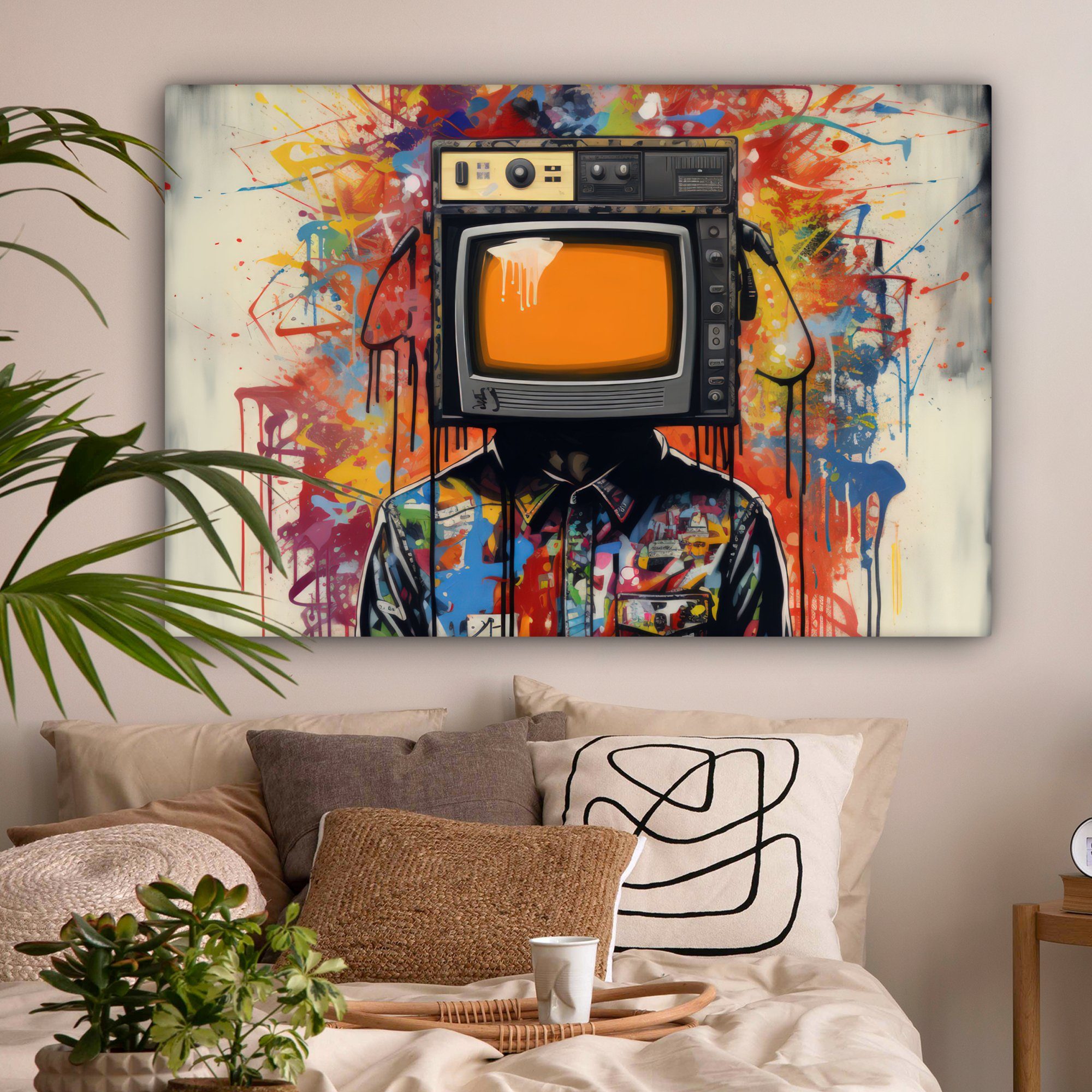 OneMillionCanvasses® Leinwandbild Fernsehen - Graffiti - Mensch - Farben, Fotodruck (1 St), Leinwand Bilder groß für Wohnzimmer 140x90 cm