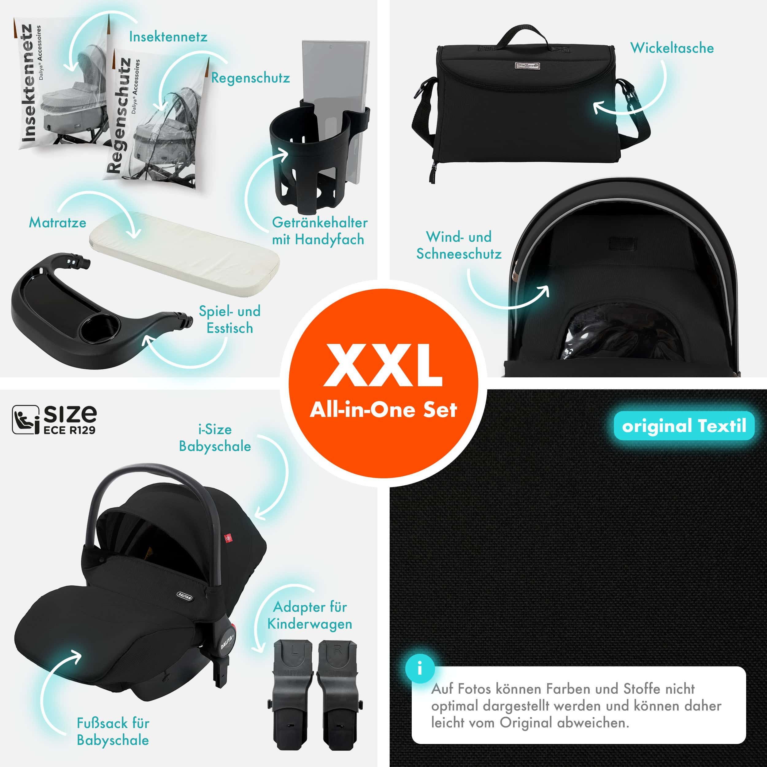 Daliya® Kombi-Kinderwagen FLEXI-PRO M 3in1 Kinderwagen & Buggy, Reisekinderwagen, XXL Set, (XXL-Set mit i-Size Babyschale, 13-tlg), Einhändig abnehmbare Wanne, i-Size Babyschale, Alu-Rahmen, Gummireifen