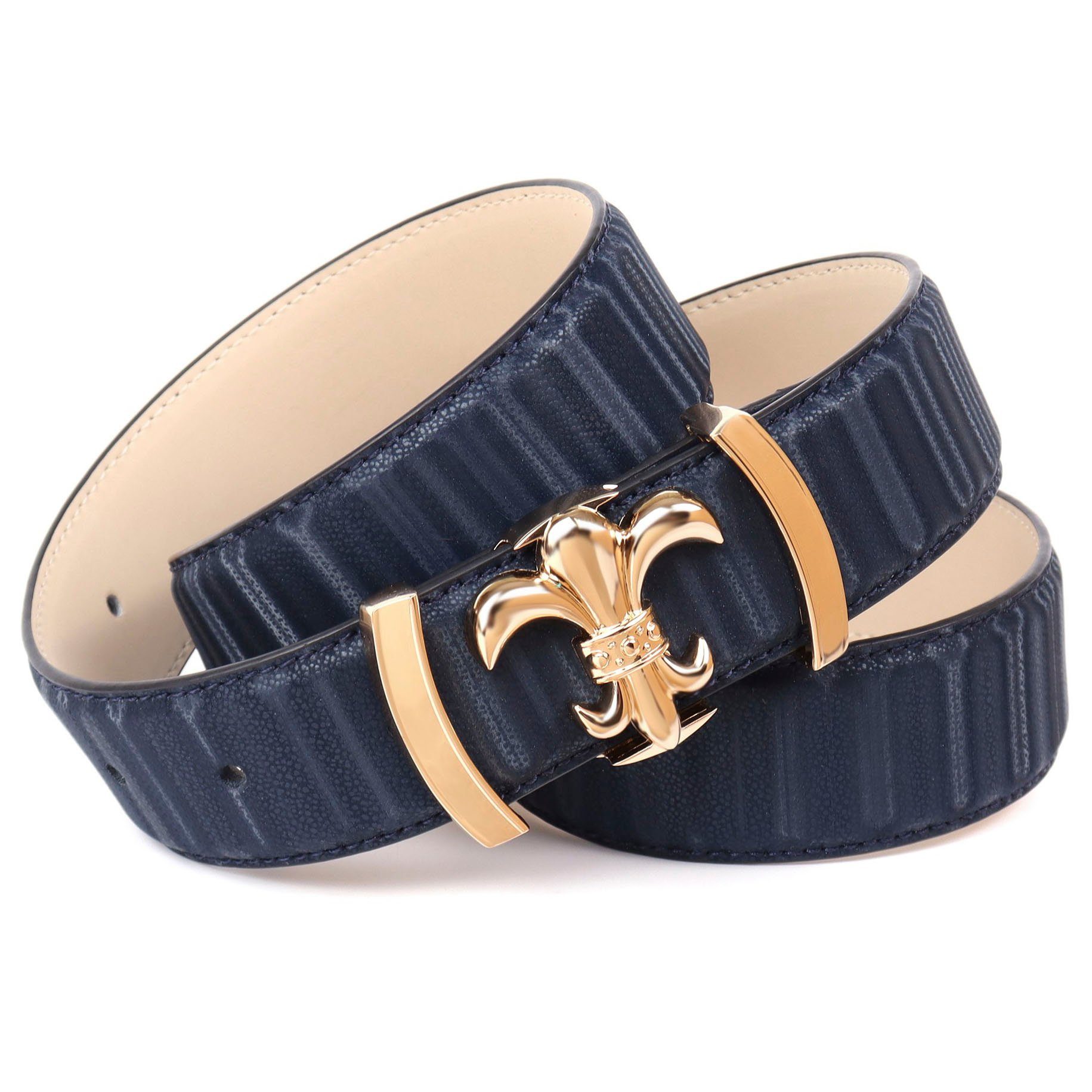 goldfarbener Anthoni Koppel-Schließe mit filigraner Crown Ledergürtel dunkelblau