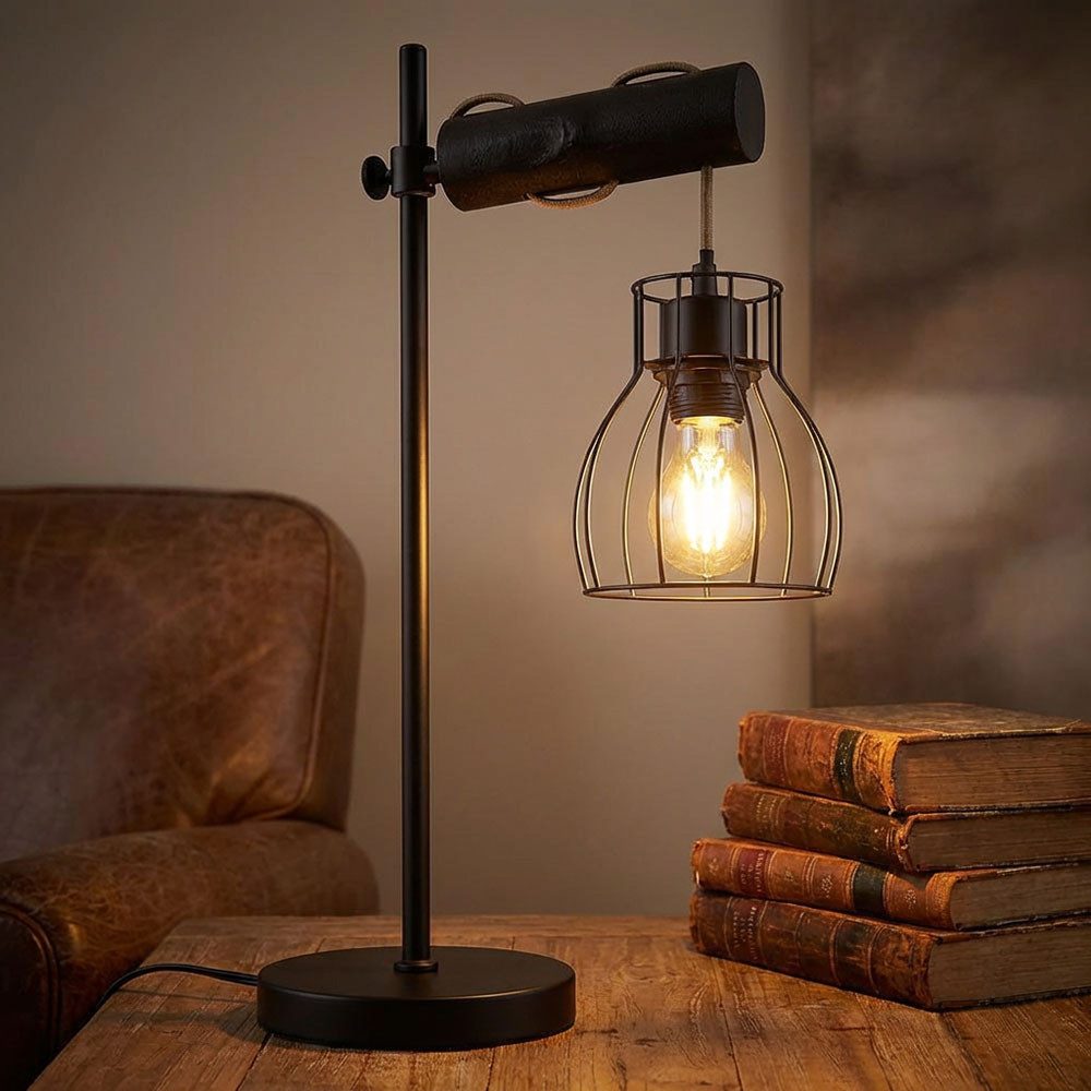 GLOBO LIGHTING Tischleuchte, Leuchtmittel nicht inklusive, Tischlampe Beistellleuchte Holz Retro E27 schwarz Höhenverstellbar