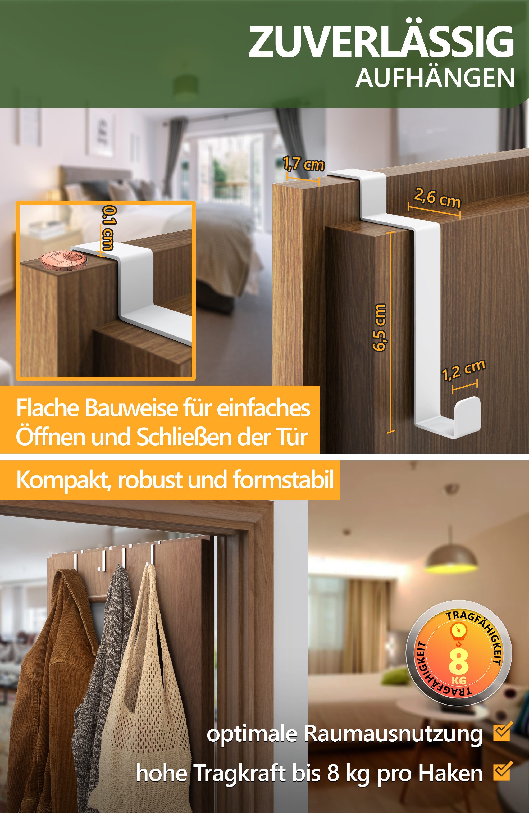 Lindenstein Türhaken Edelstahl Türhaken, Türen, (Packung, 10-St., 10), ohne Bohren,Stabil,langlebig,rostbeständig,verformungsresistent – Bild 4 von 5