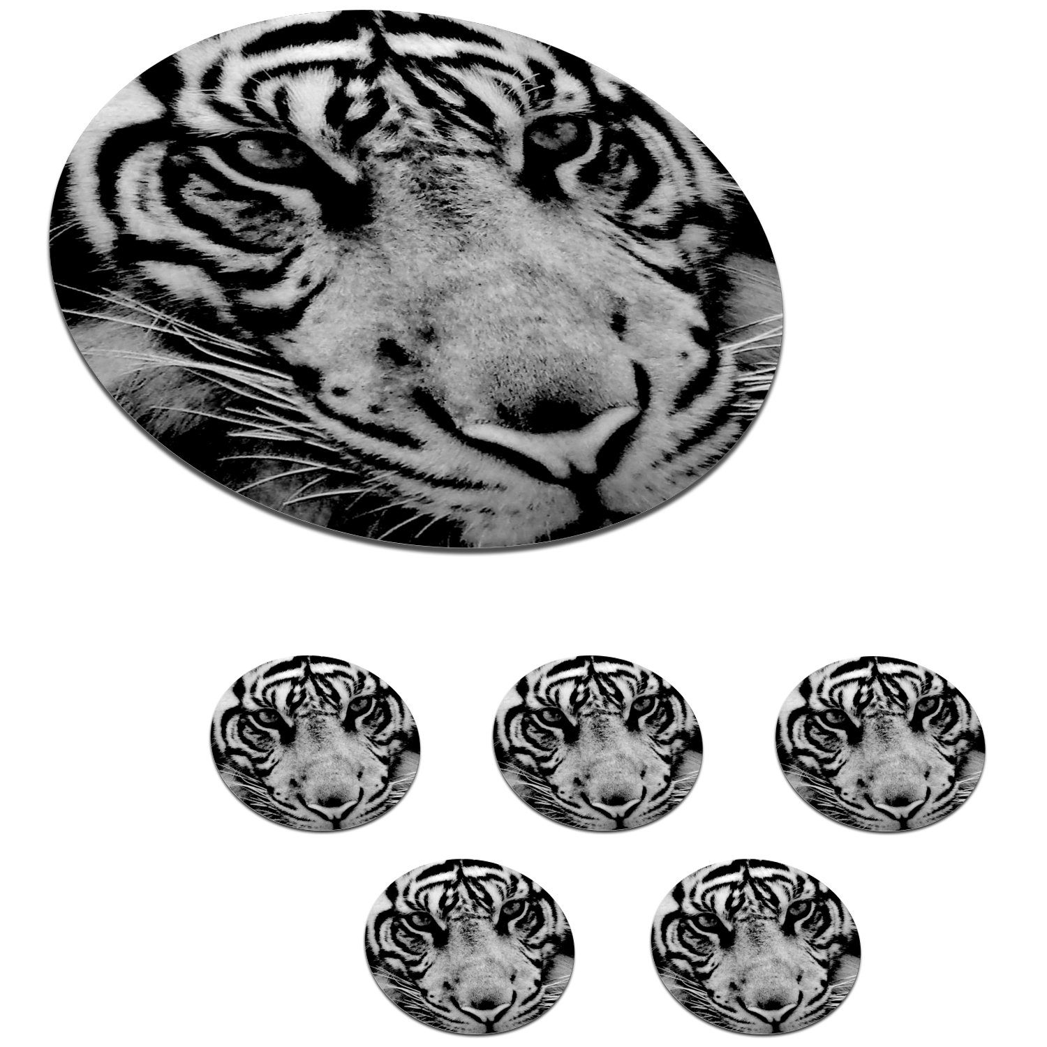 MuchoWow Gläser, für schwarz Korkuntersetzer, Zubehör und in weiß, Getränkeuntersetzer, Sumatra-Tiger vor schwarzem Hintergrund Tasse, Glasuntersetzer Becher 6-tlg., Tassenuntersetzer,