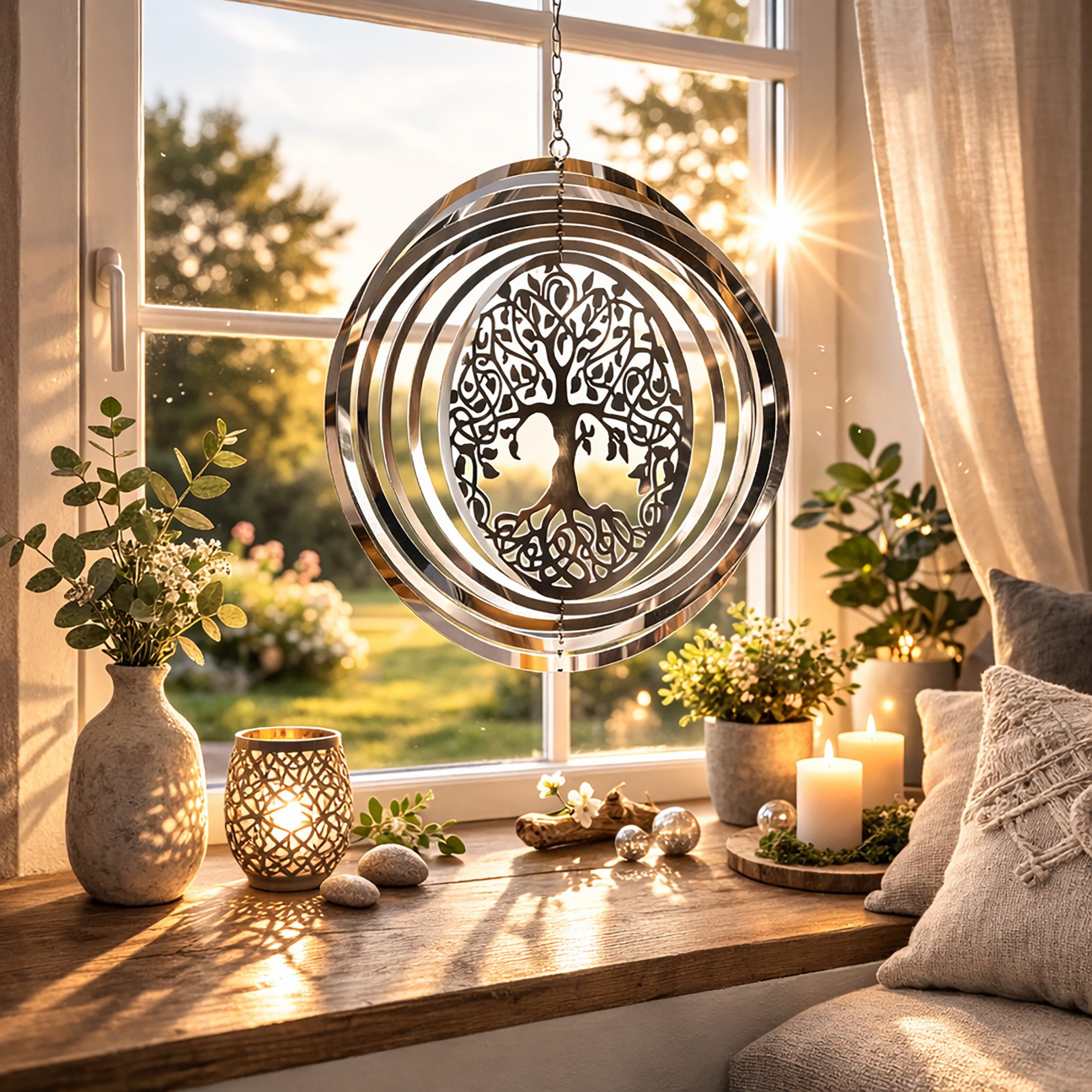 XiRRiX Dekohänger Hängedekoration Kreisel Lebensbaum (Fensterbild, Ø 25 cm), Fensterdeko Silber Wohnzimmer