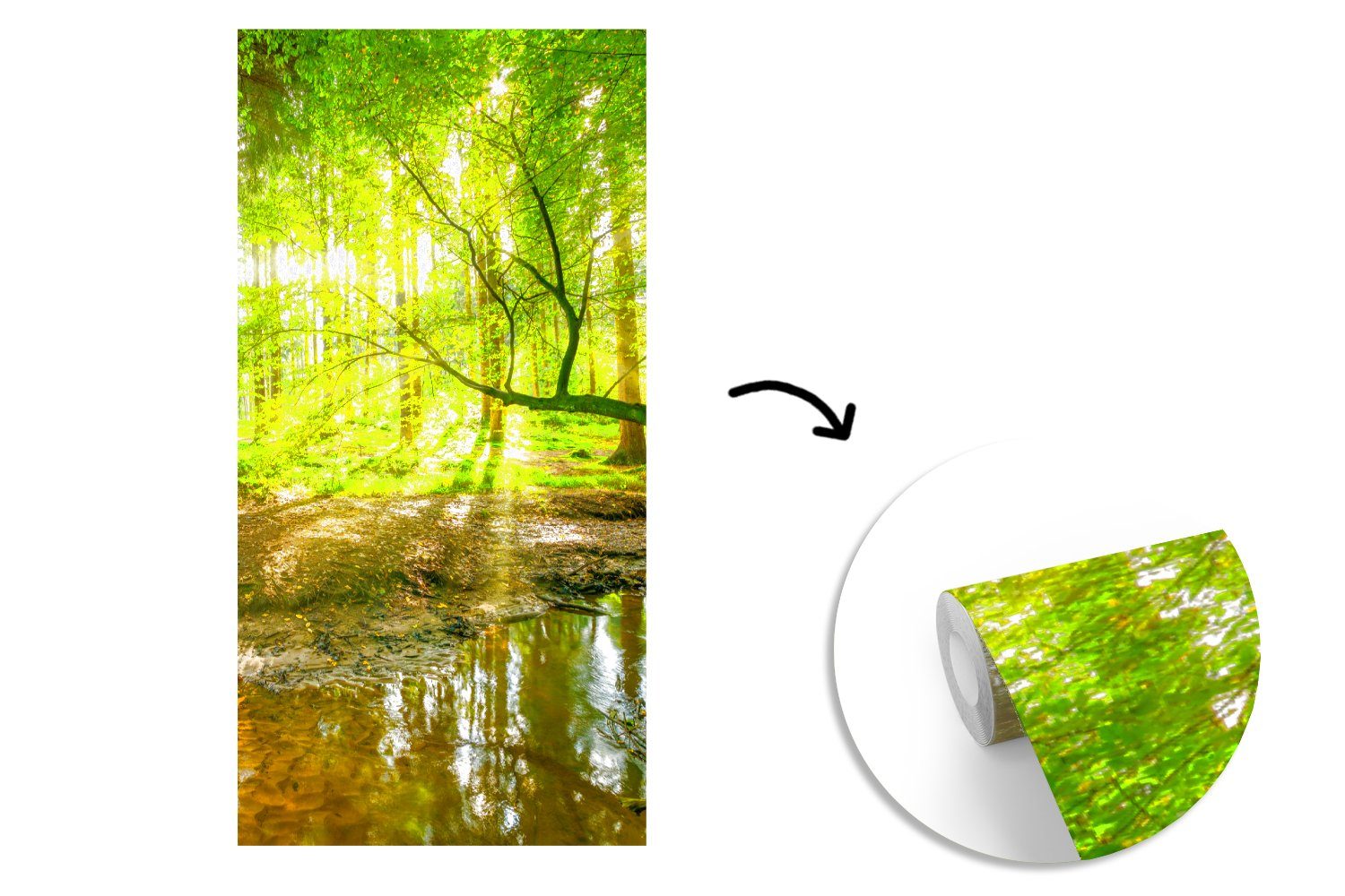 Grün Sonne - - (2 Wasser Landschaft - MuchoWow für Fototapete - Schlafzimmer Wohnzimmer Fototapete Bäume Matt, Küche, bedruckt, St), - Wald - Vliestapete Natur,