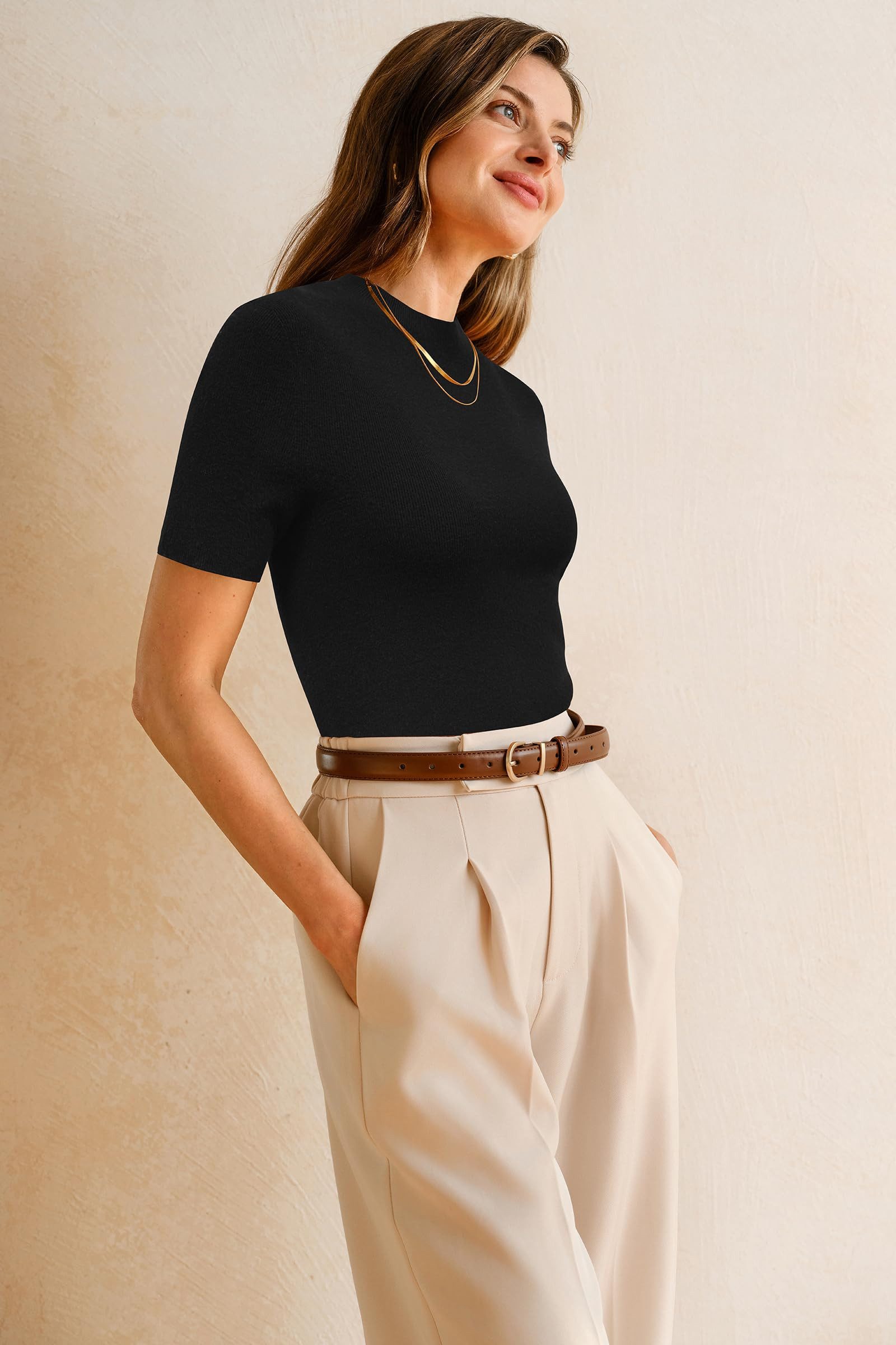 Arach&Cloz Kurzarmpullover Damen Pullover Wolle Blended Seamless Tops Rollkragenpullover, Nahtlose Herbsttops aus Wollmischung
