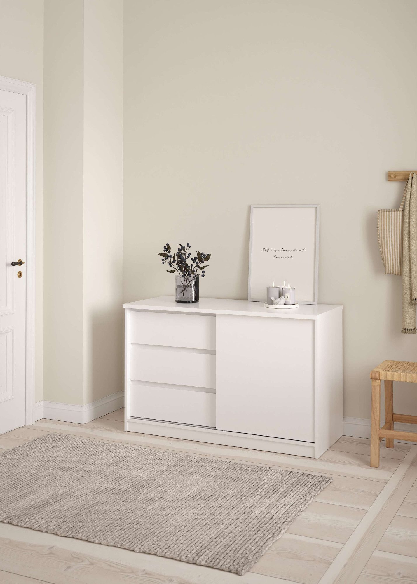 INOSIGN Sideboard Naia Aufbewahrung, Schuhkommode, Stauraumkommode, Schuhschrank, Kommode mit 1 Schiebetür und 3 Schubladen, Breite 119 cm, Höhe 76 cm