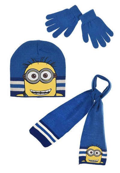 Minions Beanie Kinder Jungen Winter-Set Mütze, Schal und Handschuhe (SET) Blau