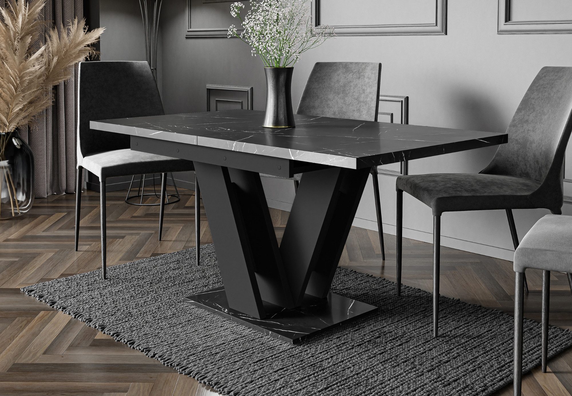 Home Collective Esstisch ausziehbar Tisch Küchentisch Esszimmertisch Ausziehtisch (Esszimmer Küche Wohnzimmer Esstisch erweiterbar), modernes Design mit V-Gestell, 120-160x80 cm Schwarz Marmor-Optik