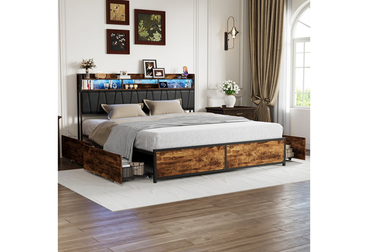 Yelenaro Polsterbett Stauraumbett Doppelbett mit LED-Beleuchtung (Bettgestell mit Kopfteil,Ladefunktion und 4 Schubladen), Metallbett mit …