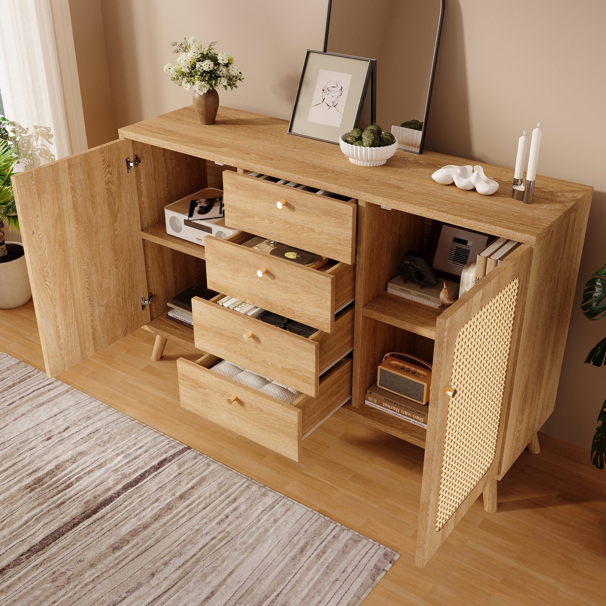 MODFU Sideboard Helle Eichen-Kommode mit strukturierter Front (Packung, 1 St., In Rattan-Optik, 140 cm Breite, 4 Schubladen, Böden verstellbar), Bringt Ordnung und Licht in Flur, Wohnzimmer oder Esszimmer