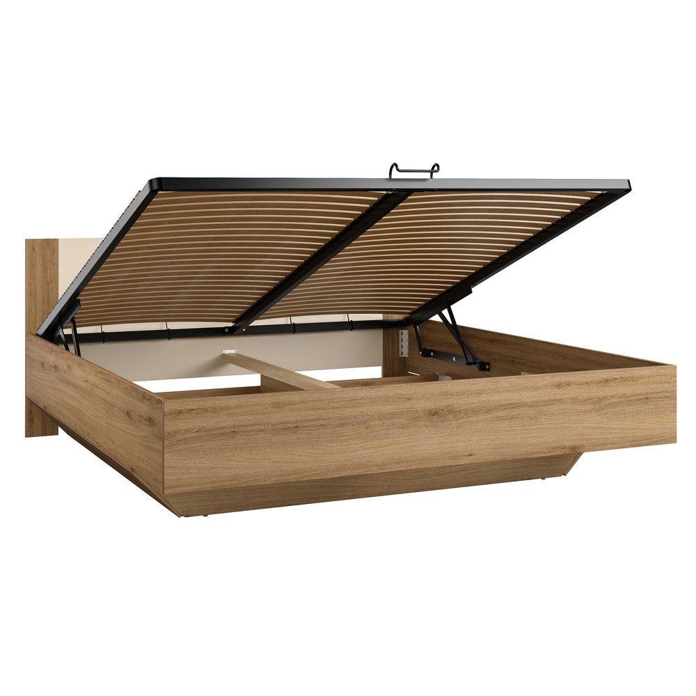 Lomadox Bettgestell VARESE-83, Eiche mit beige Lattenrost klappbar Bettkasten 180x200cm Liegefläche