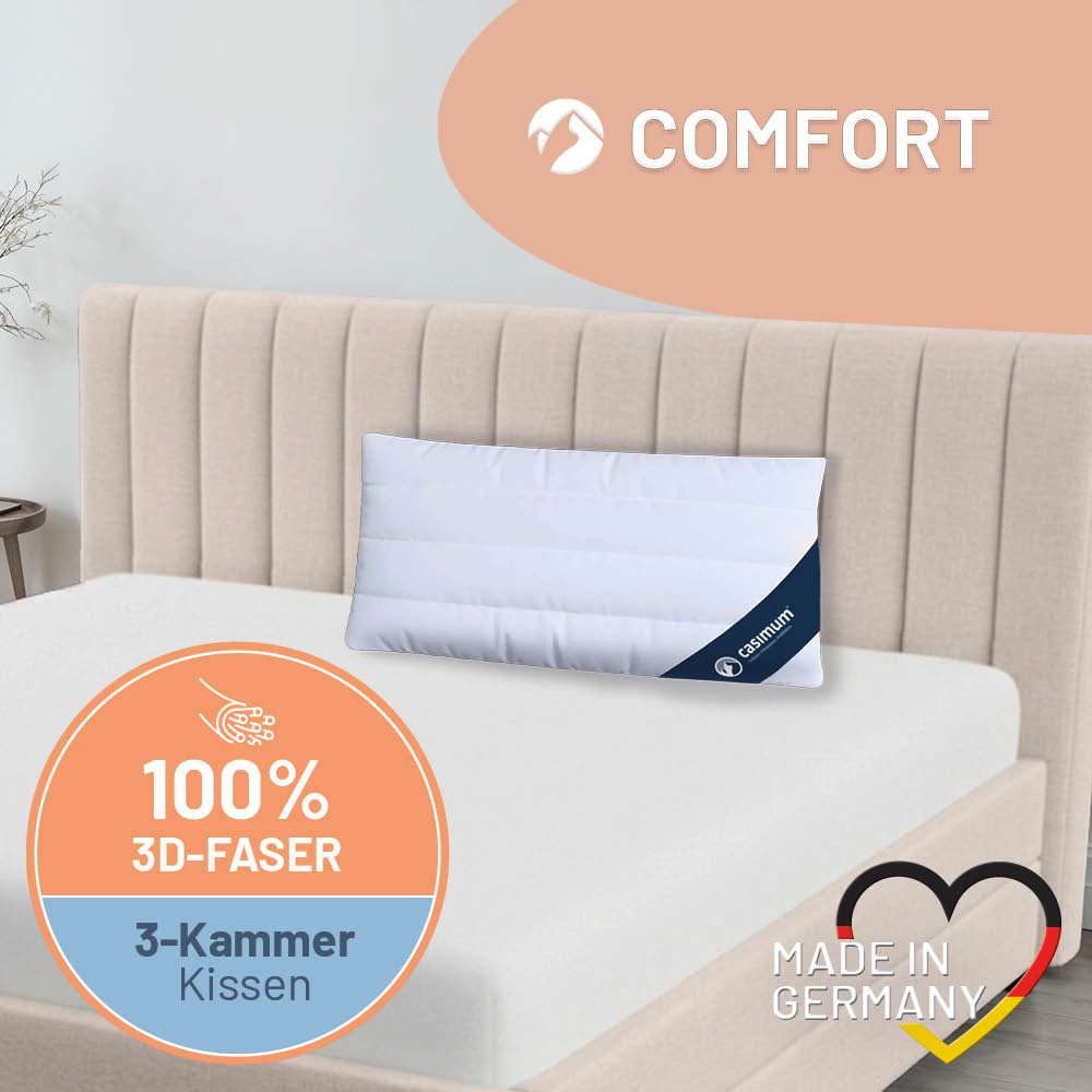 casimum 3-Kammer-Kopfkissen COMFORT Kissen 3D-Hohlfaser (Außen), Füllung: 3D-Hohlfaser, 100% Polyester (Außenkammer), Bezug: 100 % Baumwolle, Rückenschläfer, Seitenschläfer, pflegeleicht & komfortabel, weiches Kopfkissen 80x80, Kissen 40x80cm