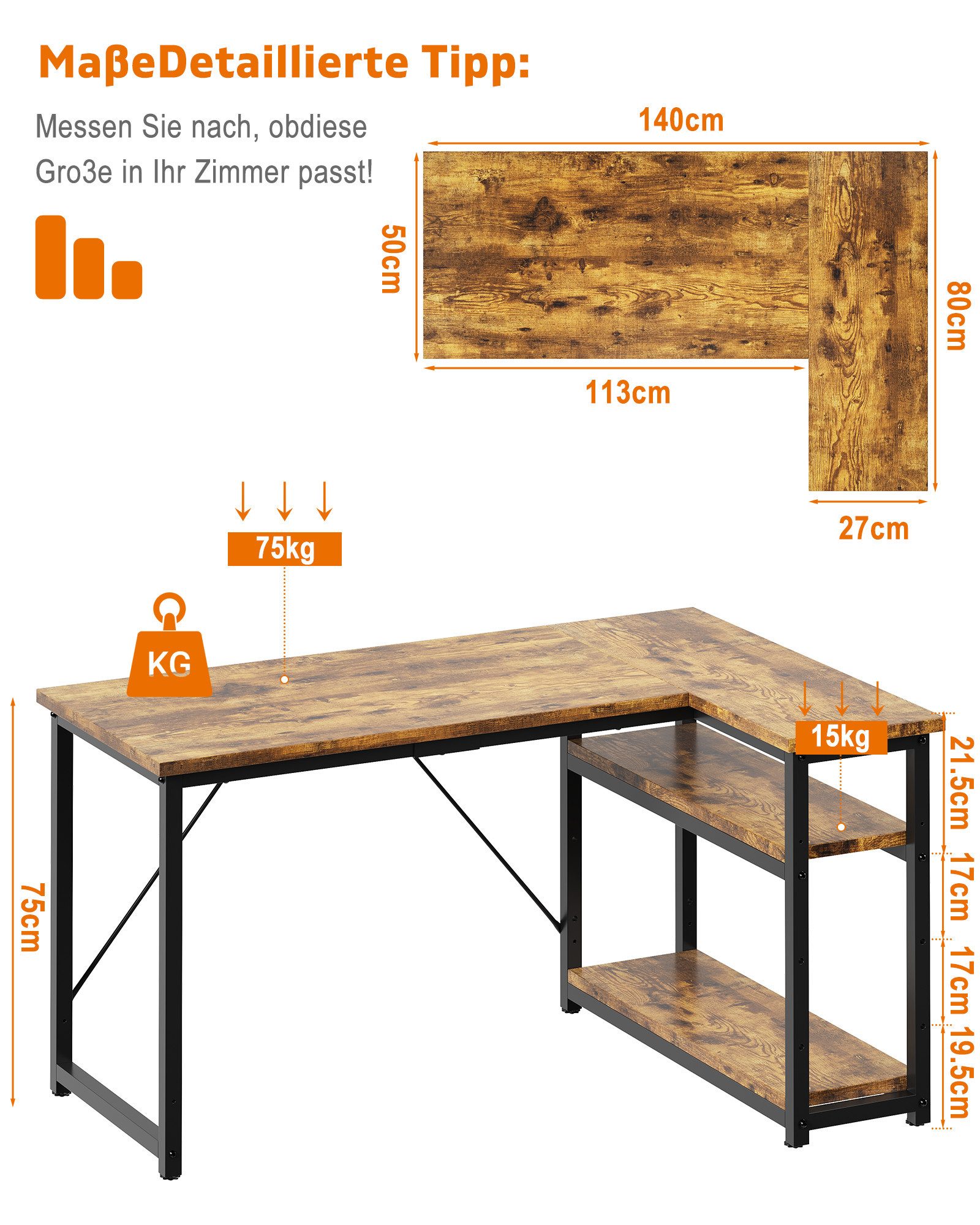 HOMALL Eckschreibtisch 100/120L Form mit Ablagefächern, 2 Tier DIY Lagerregalen Computertisch (L-formiger Schreibtischumit Regal,100/120/140/160cm,Geeignet fur Burotisch, Arbeitszimmer, Schlafzimmer), Schreibtisch,PC Tisch,Heimbüro