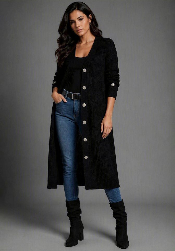 Bruno Banani Longstrickjacke Oversize-Passform, ca. Mitte Knie, mit Knöpfen, unifarben, ohne Kragen