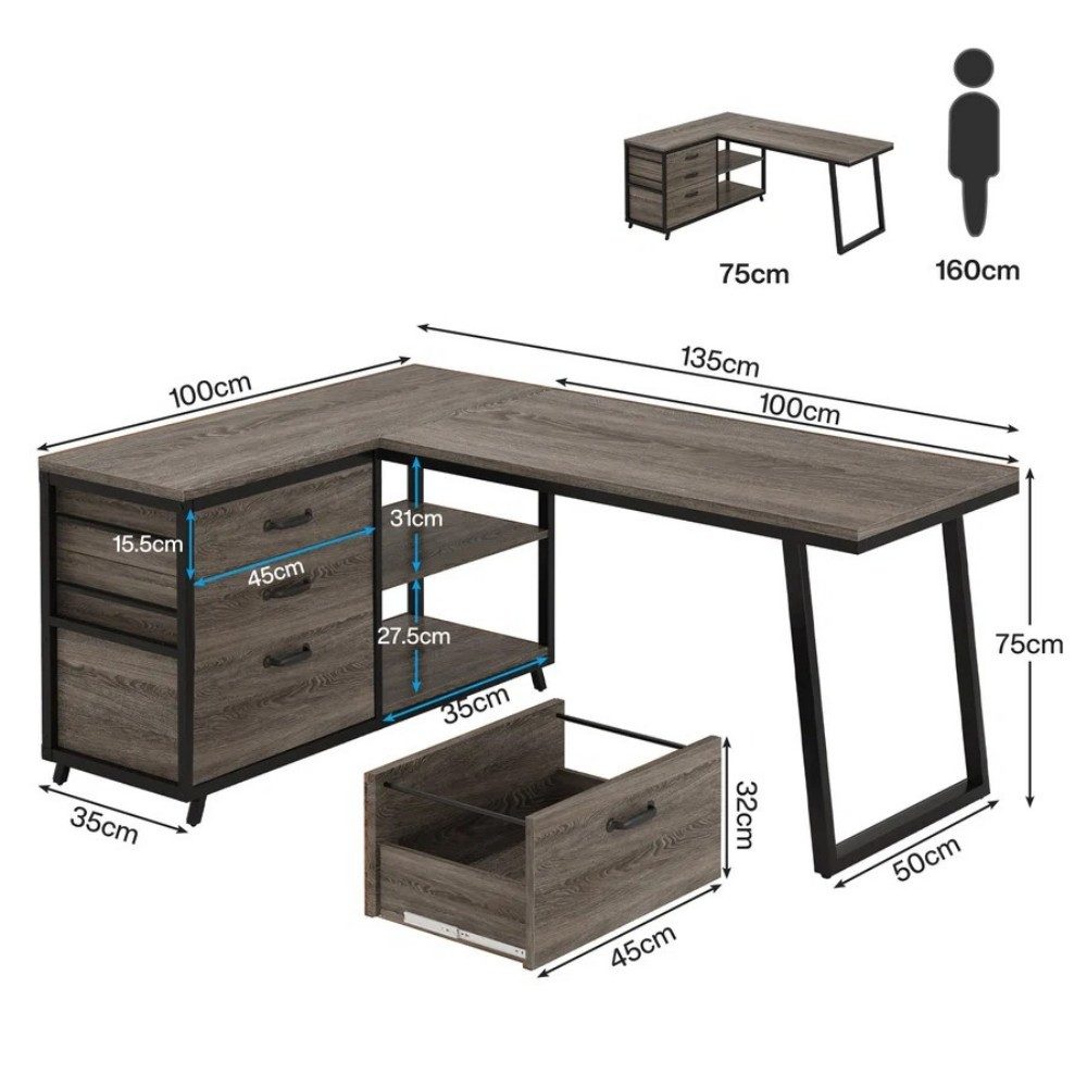 Celya Computertisch 135 cm reversibler L-förmiger Schreibtisch (mit 3 Schubladen und Regalen)