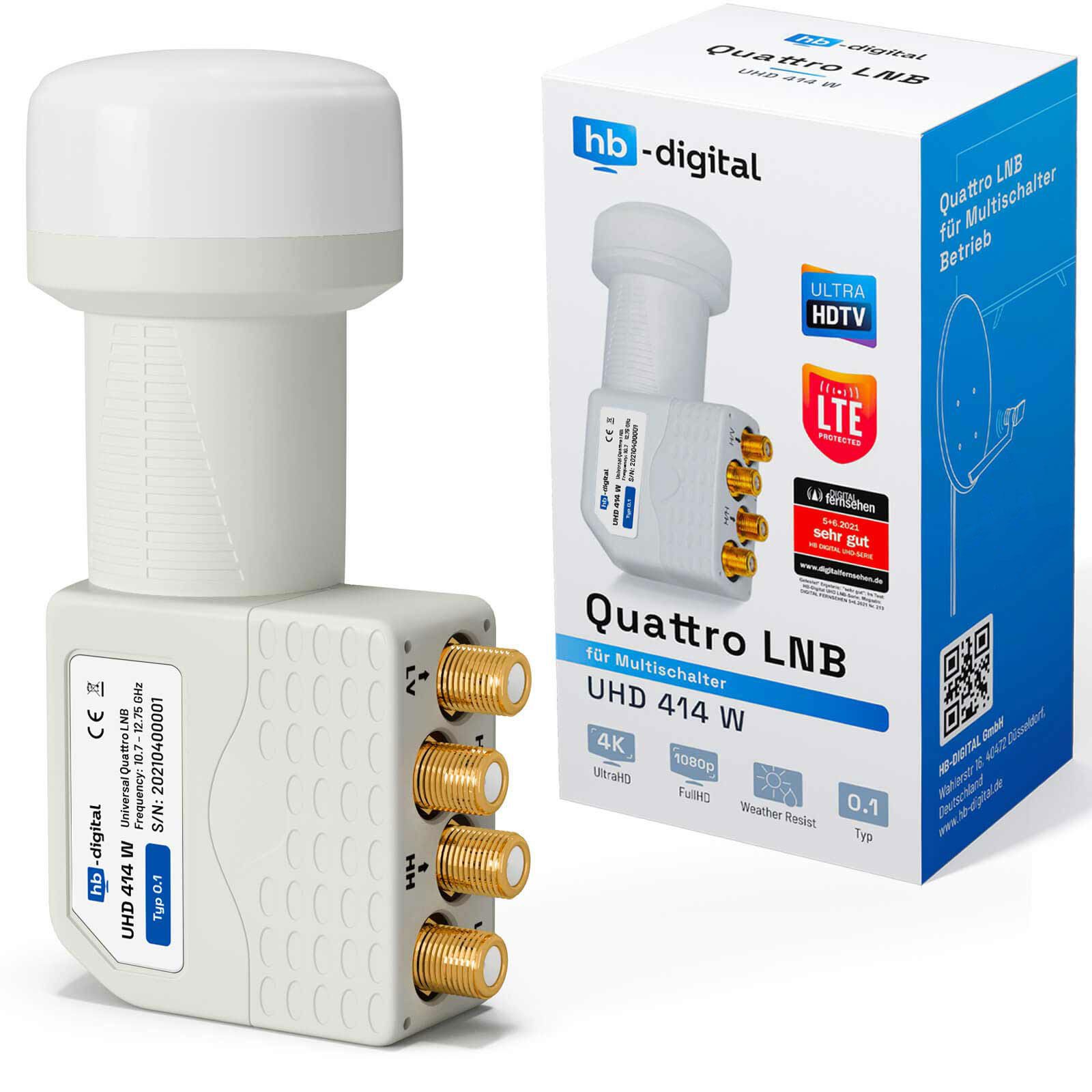 HB-DIGITAL LNB Quattro UHD 414W für Multischalter wasserdicht Universal-Single-LNB (für 4 Teilnehmer, Die vergoldeten F-Anschlüsse für noch bessere Signalübertragung)