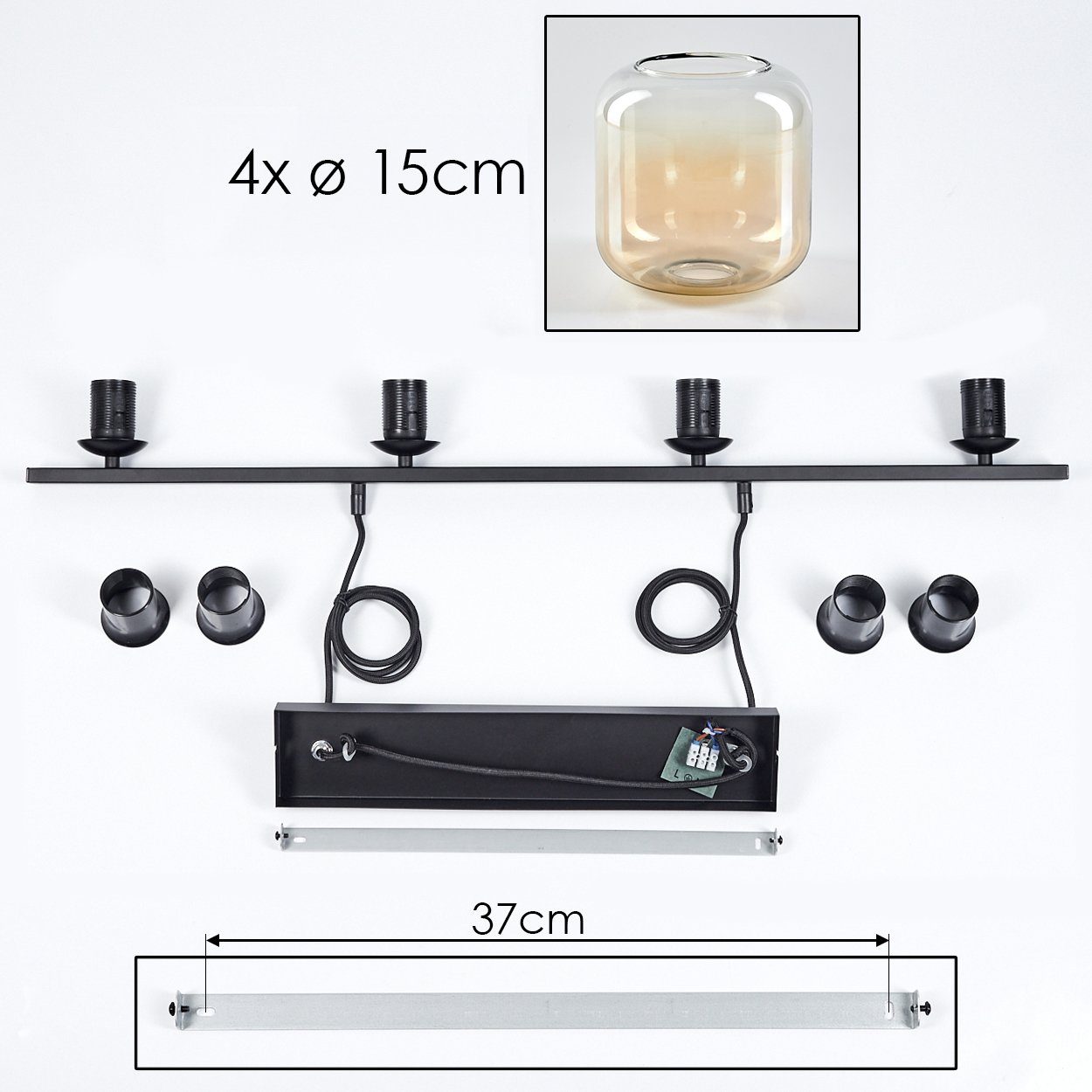 Schwarz/Bernsteinfarben/Klar, Design, (15cm), ohne Vintage Metall/Glas E27, 4x Leuchtmittel Leuchtmittel, im Hängeleuchte Pendelleuchte Schirme ohne aus aus hofstein in Glas