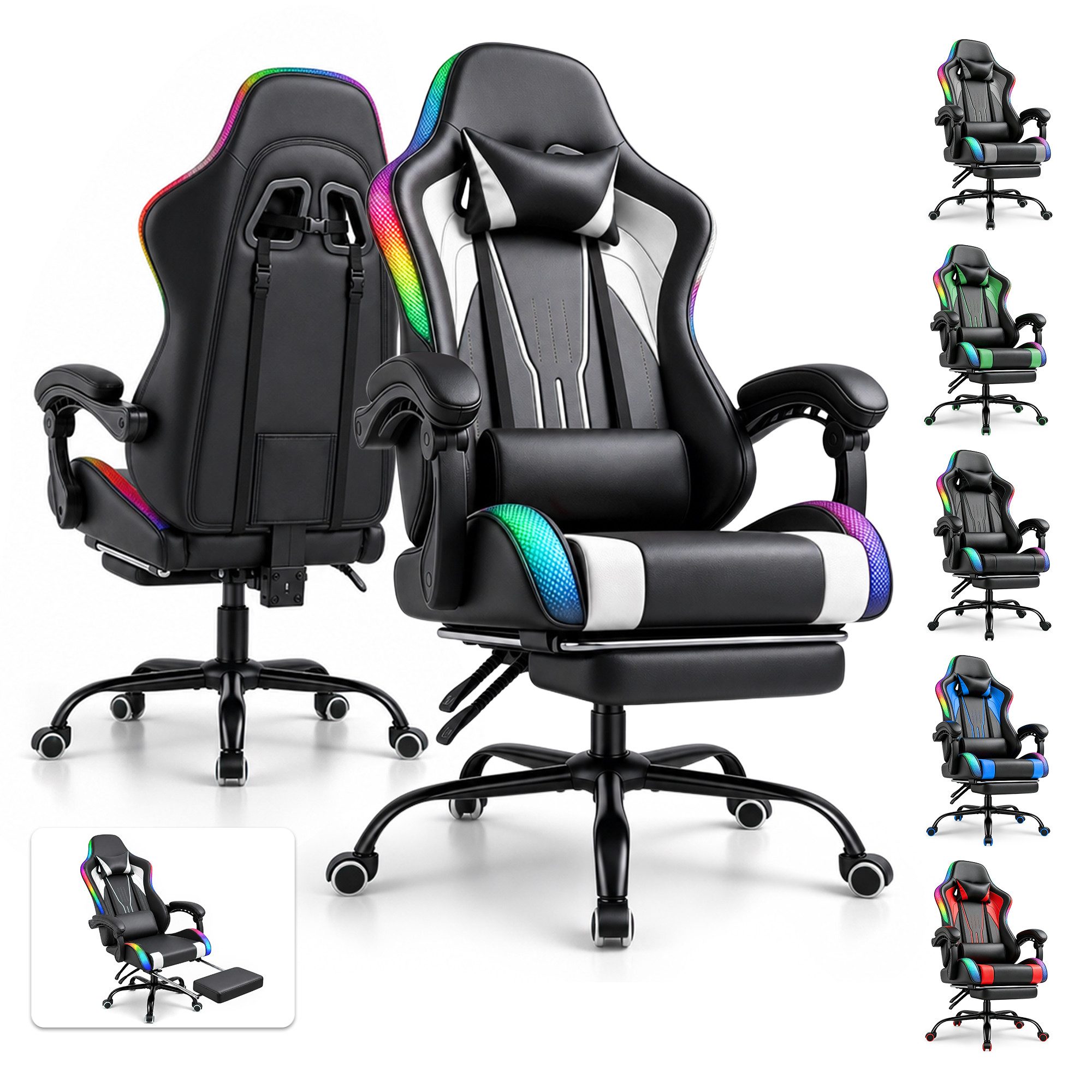 HOMALL Gaming-Stuhl mit LED,Ergonomisch,Fußstütze,computerstuhl,gaming stuhl mit massage, Ergonomischer Bürostuhl,Kopfstütze und Lendenstütze