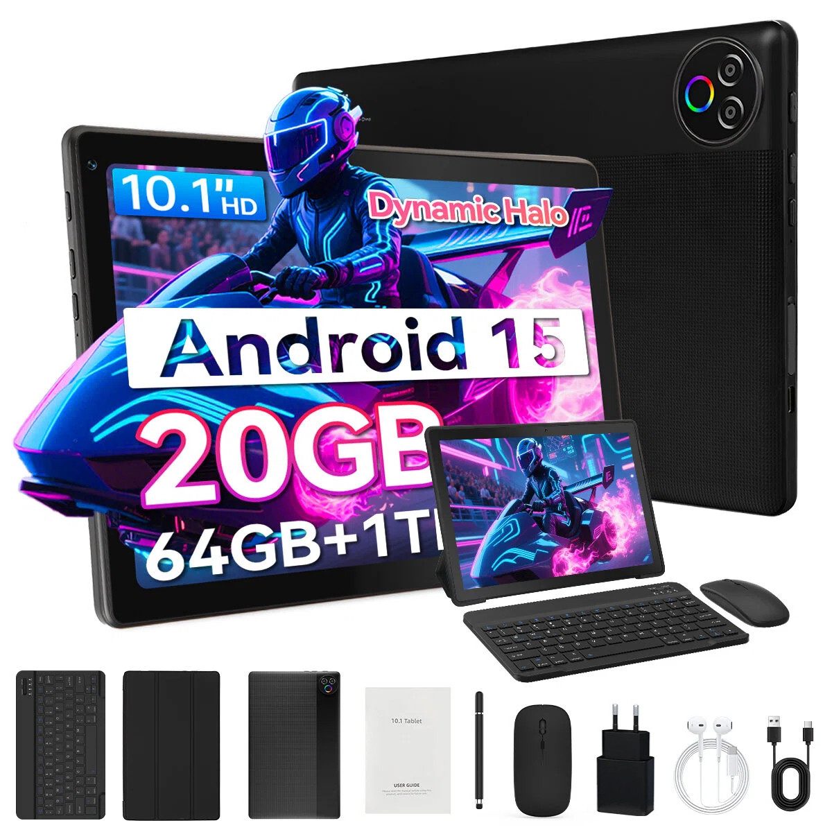 BUFO 10 Zoll 20 (3+17) GB RAM 64 GB ROM 1 TB Erweiterbar WiFi 6 Android 15 Tablet (10", 64 GB, Android 15, Dual-band (5GHz/2.4GHz) Wi-Fi, Android 15 mit Tastatur/Maus/Hülle/Stift)