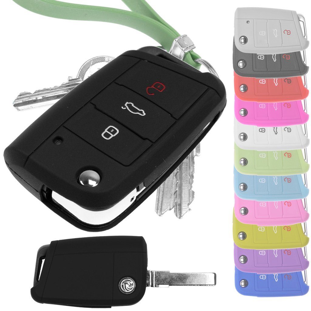 mt-key Schlüsseltasche Autoschlüssel Hardcover Schutzhülle Metallic  Schwarz, für VW Golf 7 Polo Seat Leon Skoda Superb Octavia Klappschlüssel