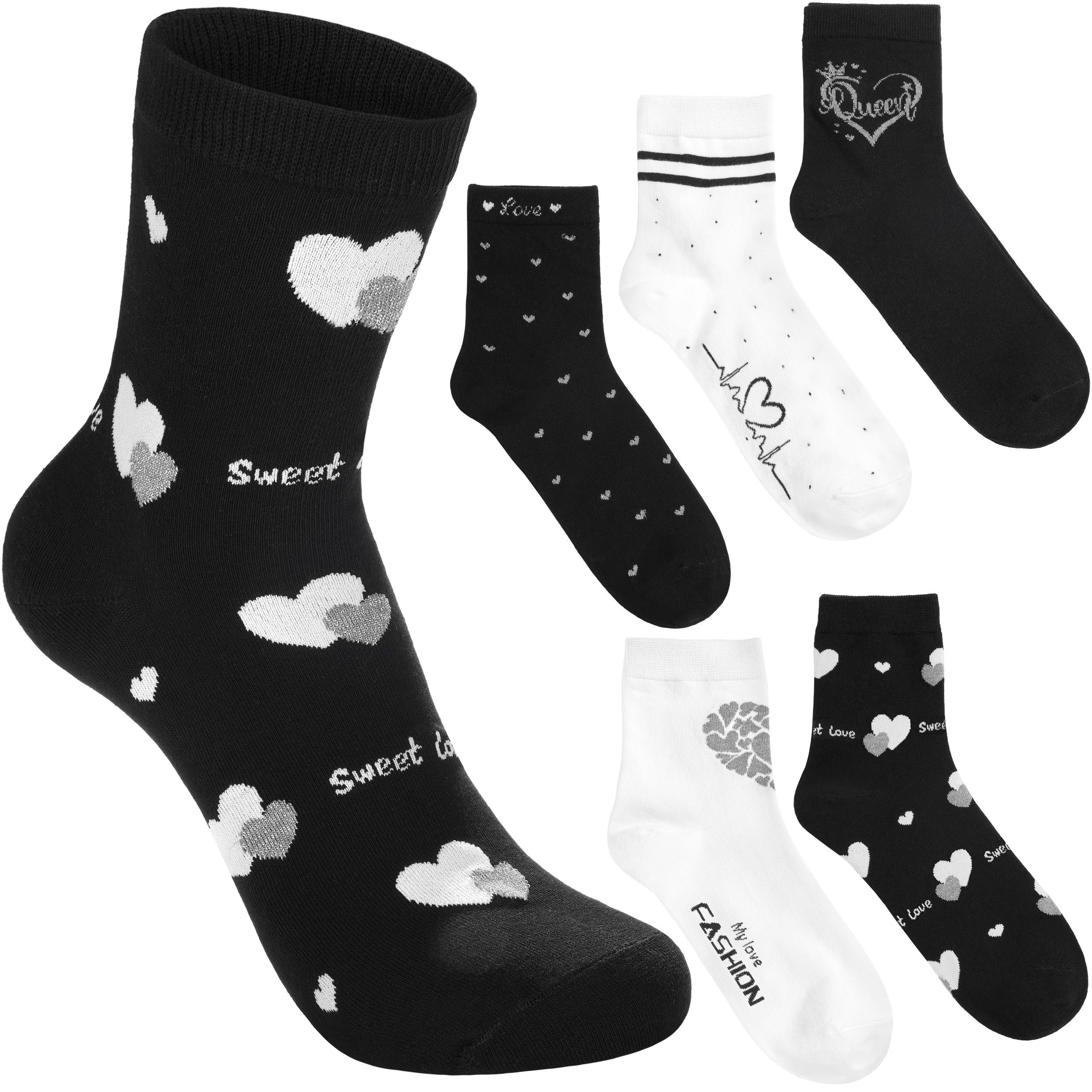BRUBAKER Socken Lustige Damensocken - Sweet Love & Queen (Weich & Kuschelig, 5-Paar, Warme Haussocken mit Motiv) Kuschelsocken mit Herzen - Sockenset für Frauen