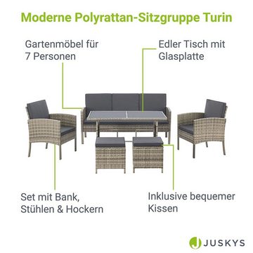 Juskys Gartenlounge-Set Turin, Polyrattan Sitzgruppe für 7 Personen, Gartenmöbel Set 6-teilig
