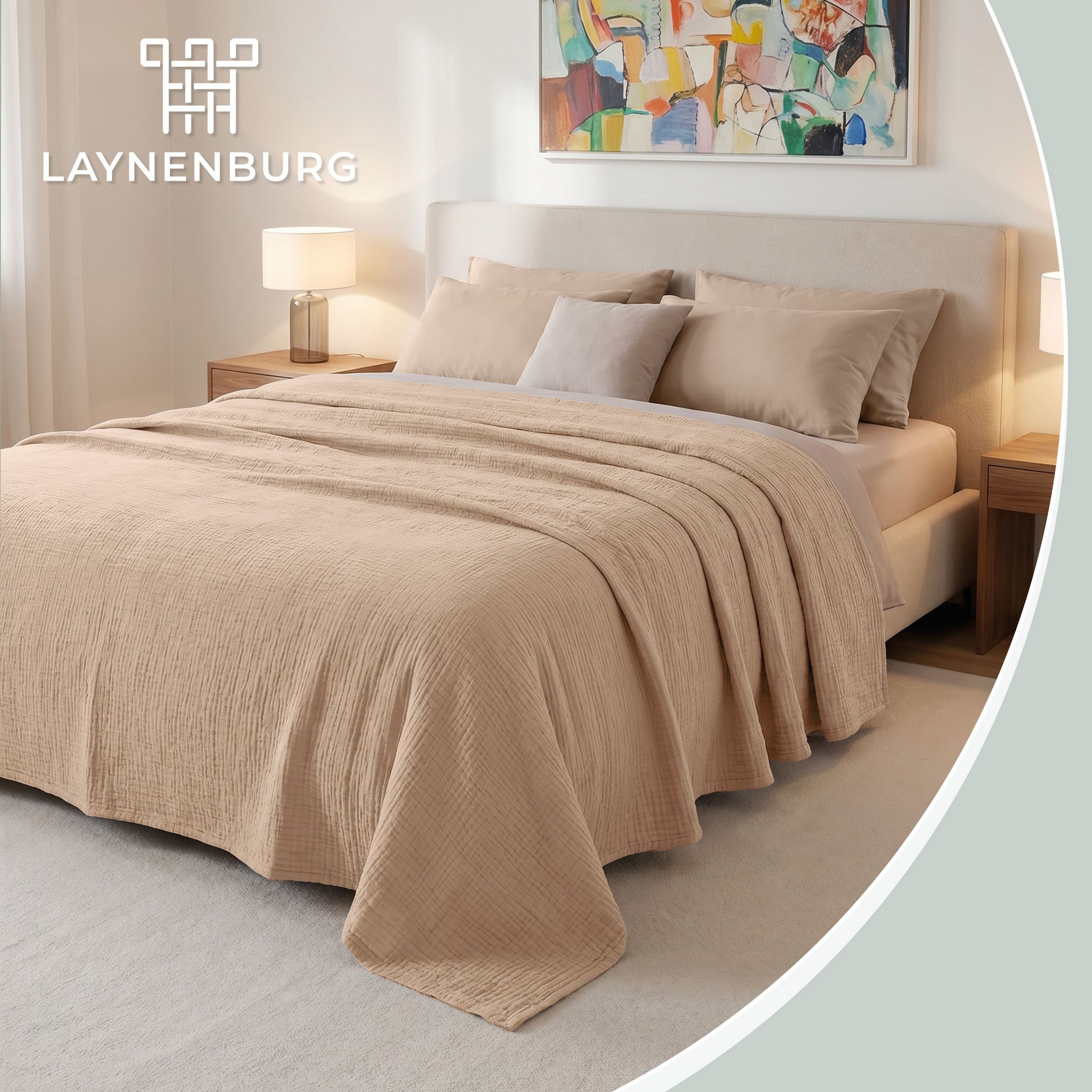Laynenburg Tagesdecke Musselin aus 100% Baumwolle – Baumwolldecke, Kuscheldecke, Wohndecke als Sommerdecke, Bett-Überwurf, Couch-Überwurf, Sofa-Decke – Bild 2 von 5