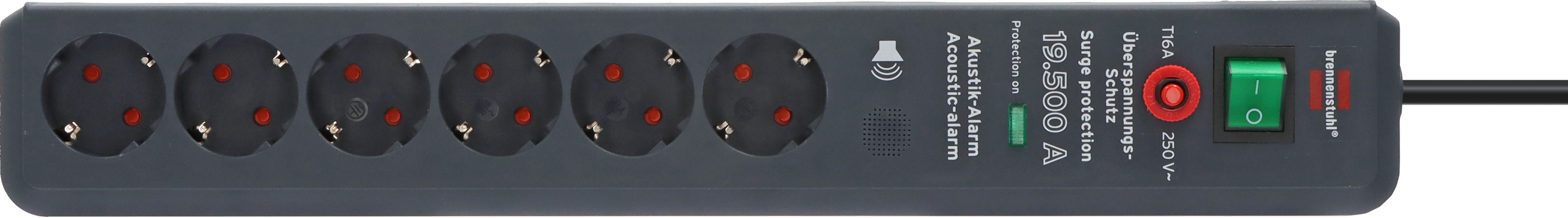 Brennenstuhl Secure-Tec Steckdosenleiste 6-fach (Kabellänge 3 m), mit Überspannungsschutz, akustischem Warnsignal, und Schalter