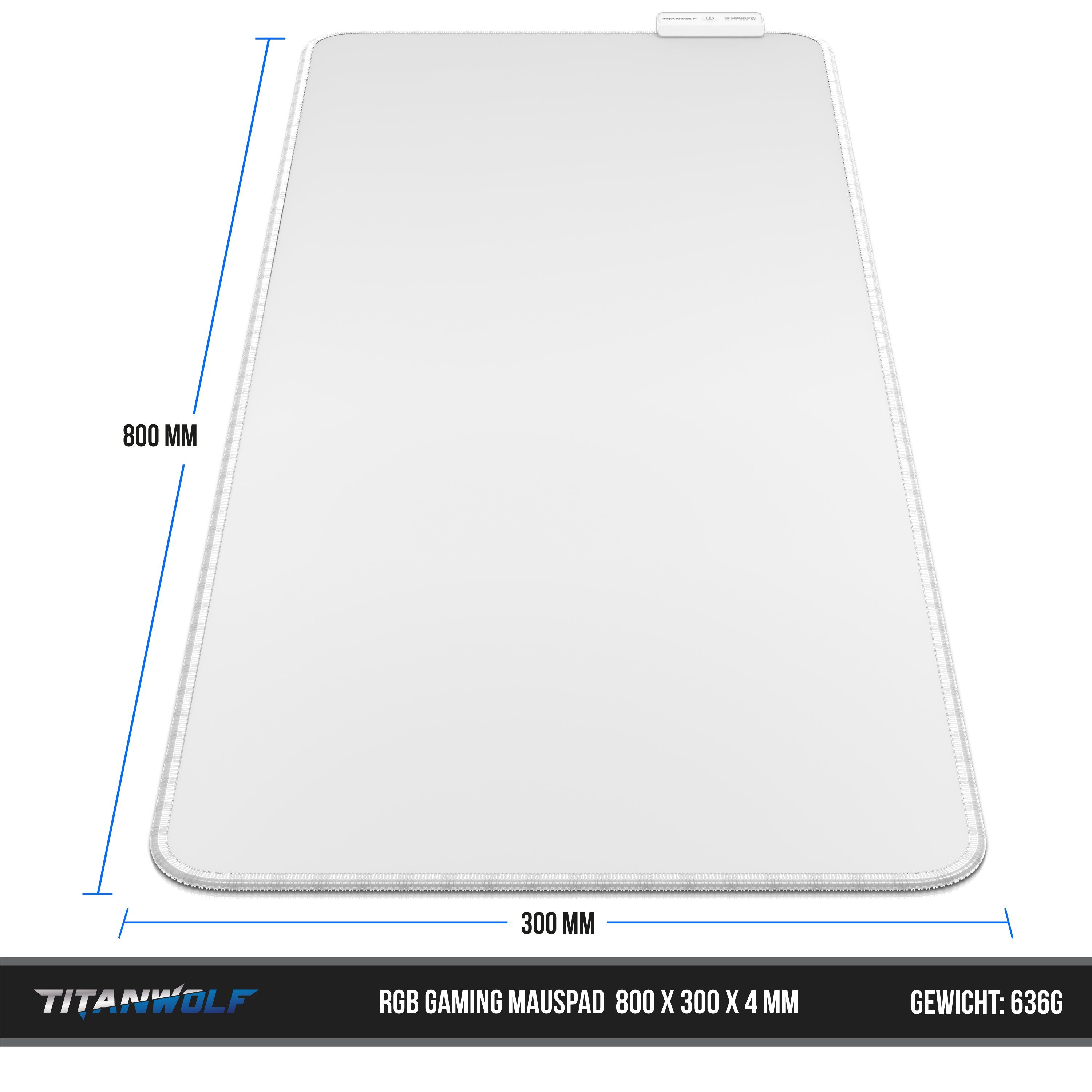 Titanwolf Gaming Mauspad RGB Mousepad 800 x 300 x 3 mm, LED Multi Color XL Tischunterlage, rutschfest, abwaschbar, Geschwindigkeit & Präzision, weiß