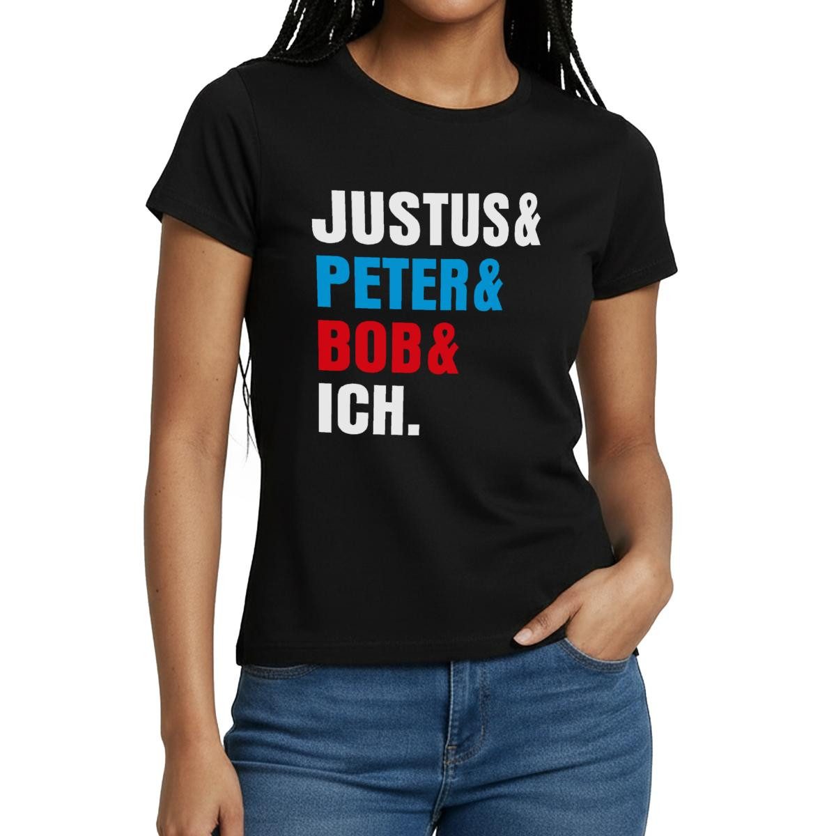 Spreadshirt T-Shirt Die Drei ??? Justus& Peter& Bob& Ich Frauen T-Shirt (1-tlg)