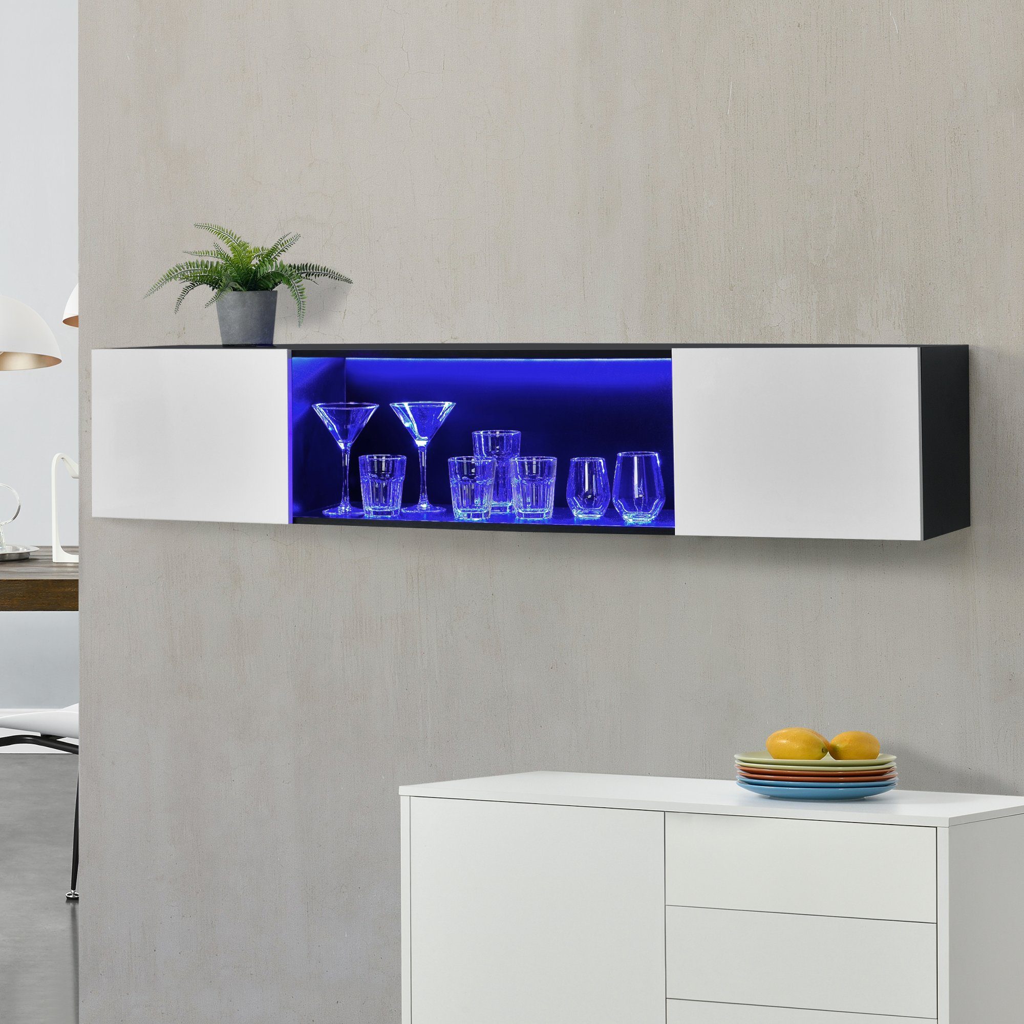 mit en.casa LED Ablagefächern Hängeboard cm »Thabong« Beleuchtung 150 Hängeschrank mit