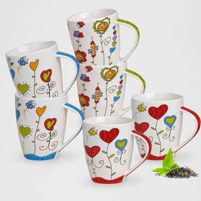 matches21 HOME & HOBBY Tasse Kaffeetassen 6er Set Blumen Herzen Frühling Sommer, Porzellan, Tee Kaffee-Becher, modern, blau grün rot bunt, 300 ml