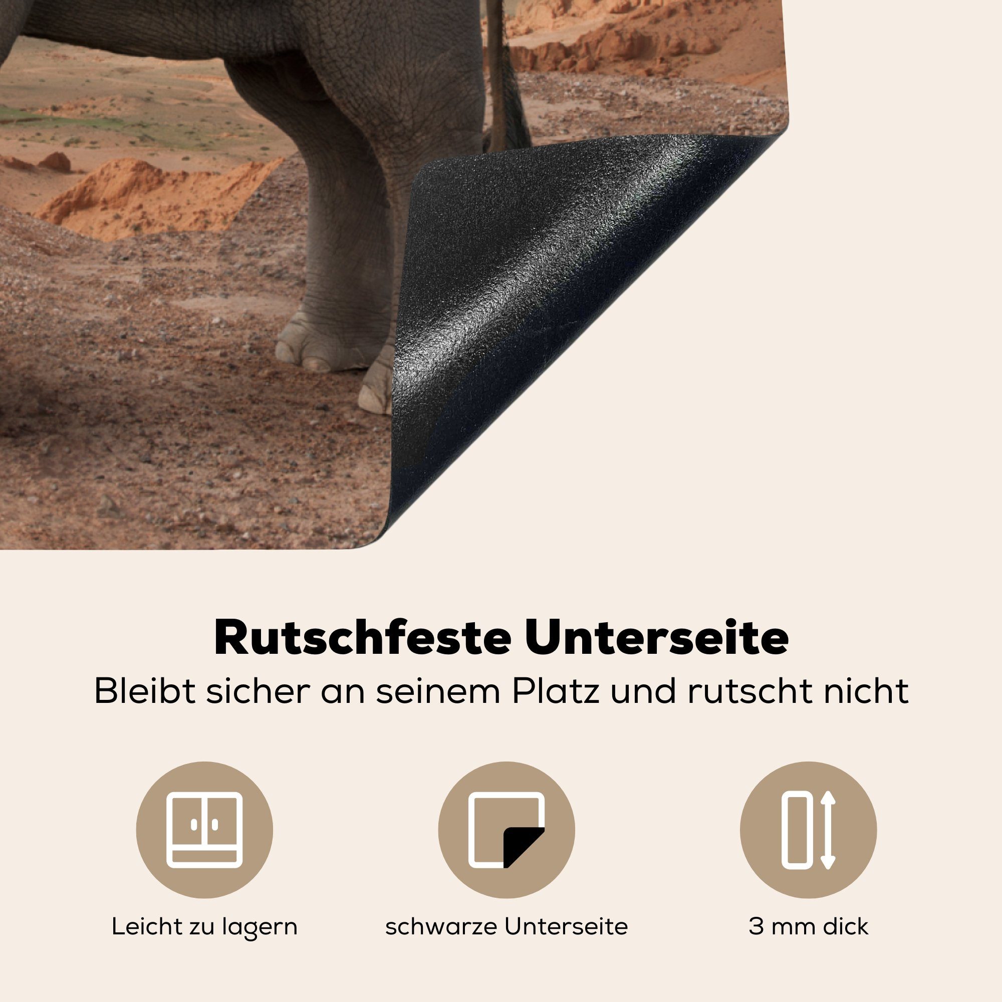 MuchoWow Herdblende-/Abdeckplatte Trompetender Elefant Arbeitsplatte für cm, Vinyl, Ceranfeldabdeckung, (1 in tlg), 78x78 der Wüste, küche