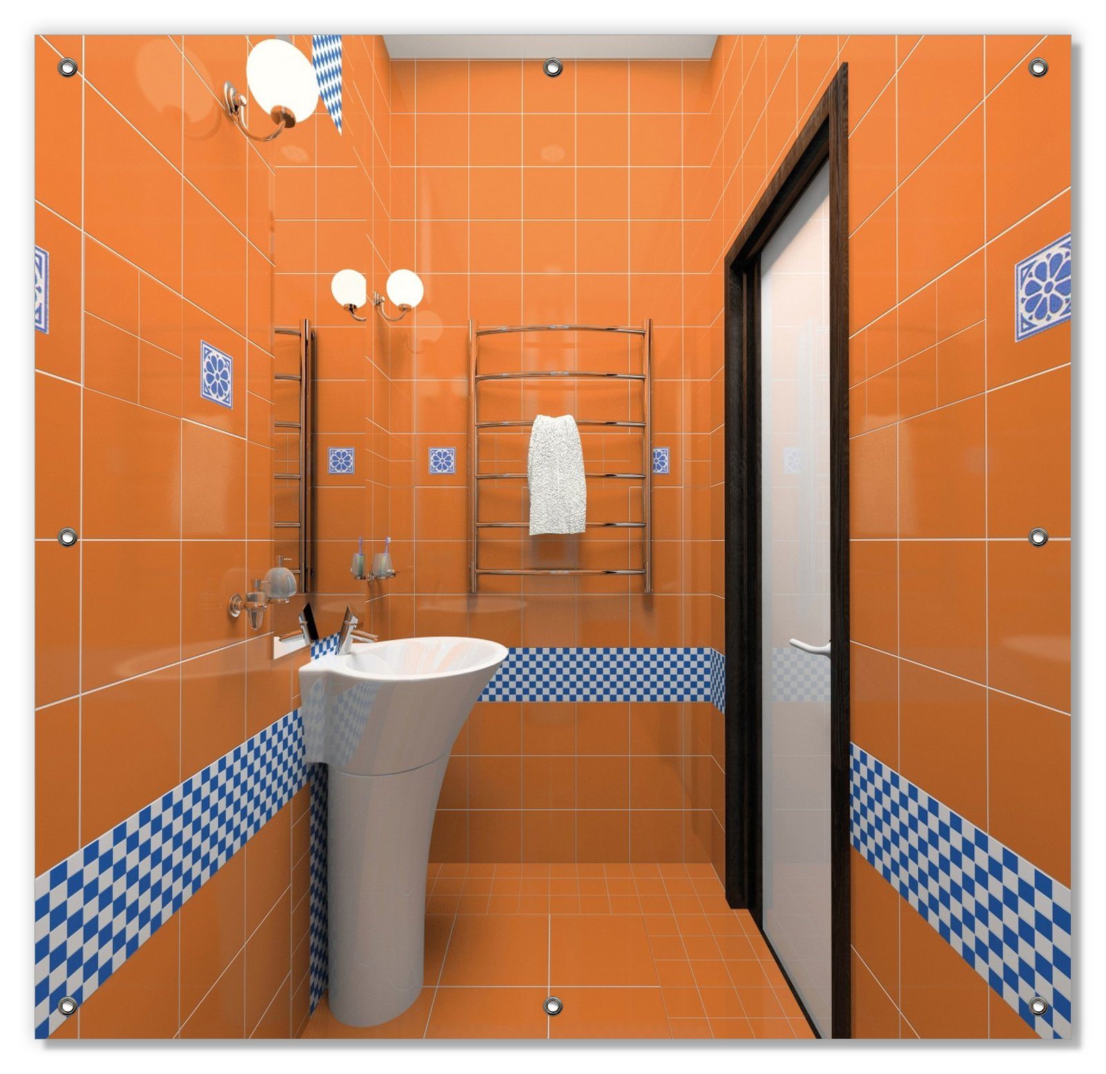 Sonnenschutz Modernes Badezimmer in orange mit blauen Fliesen, Wallario, blickdicht, mit Saugnäpfen, wiederablösbar und wiederverwendbar