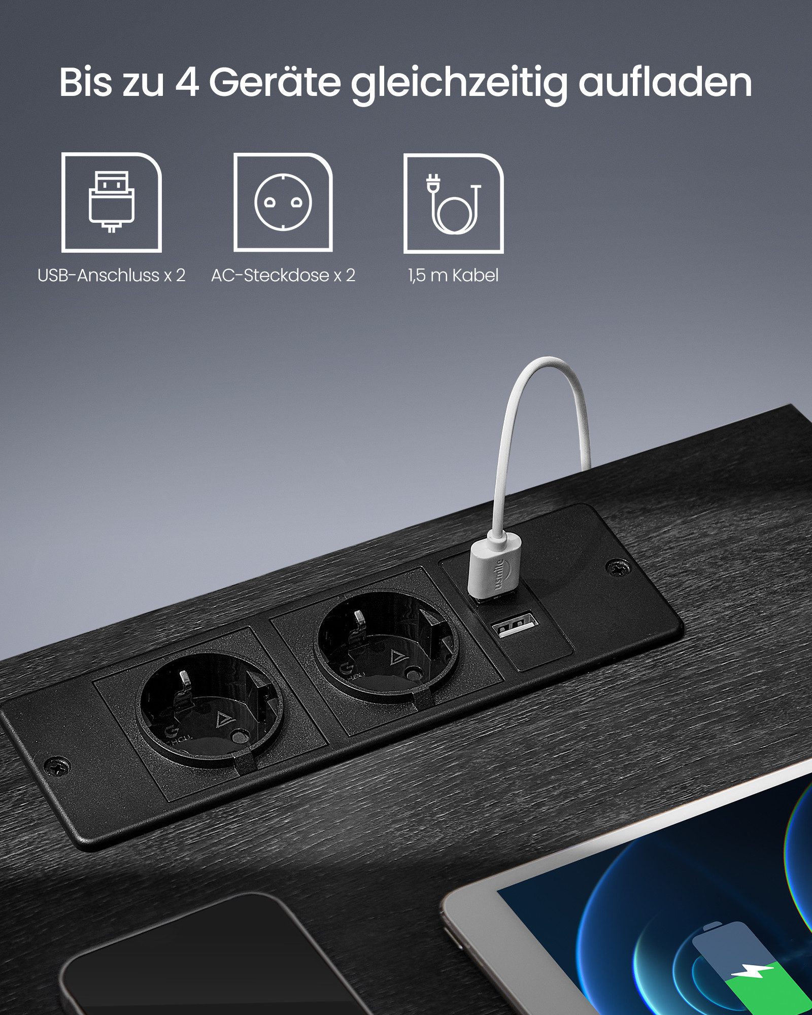 VASAGLE Nachttisch (1-St), mit einstellbarer LED-Beleuchtung, Beistelltisch mit Steckdosen