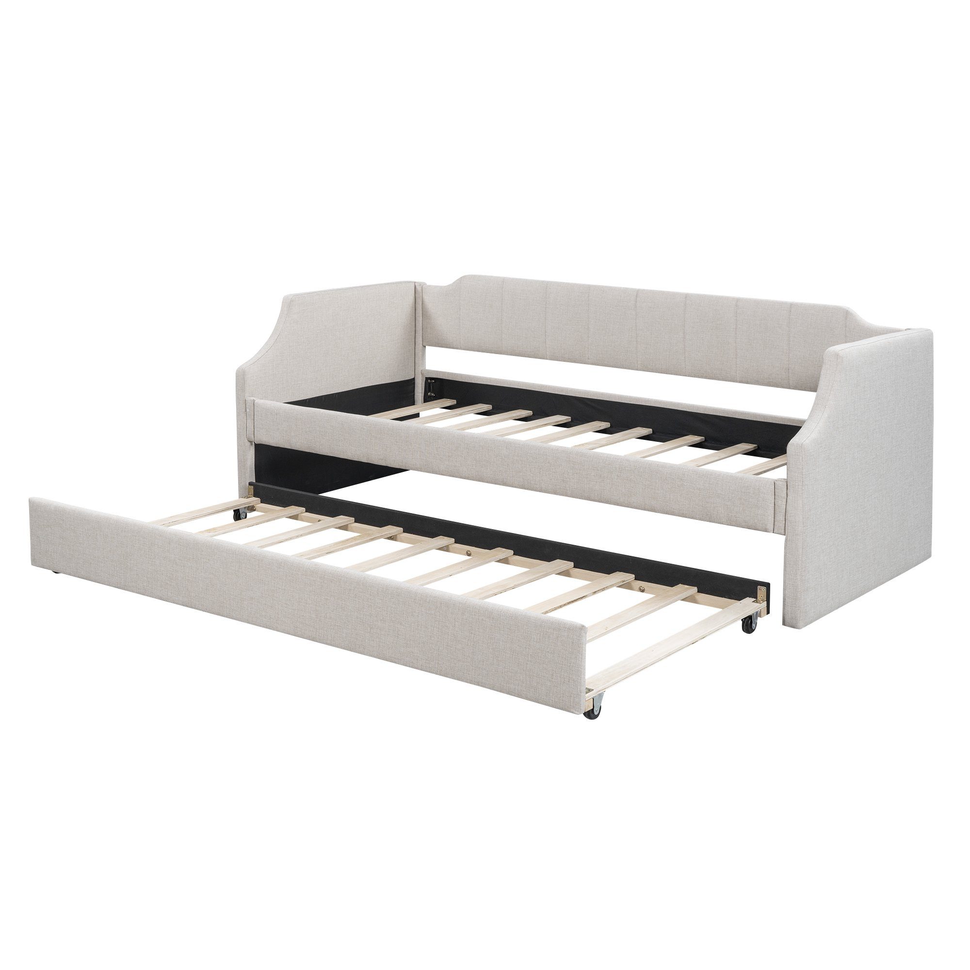SOFTWEARY Schlafsofa mit Bettfunktion und Gästebett, inkl. Lattenrost, 90x200 cm/90x190 cm, Einzelbett, Jugendbett, Leinen – Bild 5 von 5
