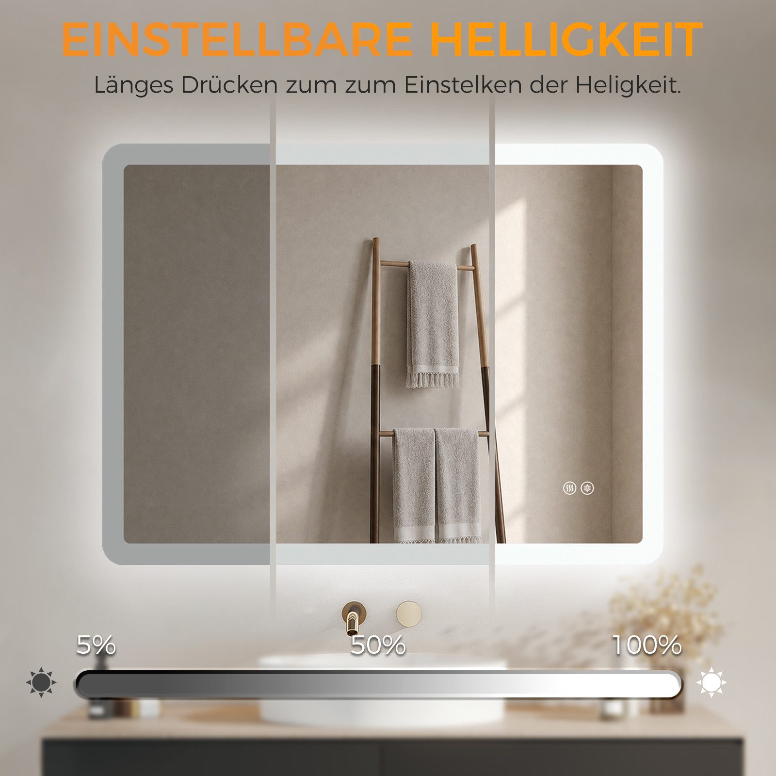 IMPTS Badspiegel LED Badezimmerspiegel Wandspiegel mit Beleuchtung Antibeschlag (Set, Speicherfunktion, Anti-Beschlag, Dimmbar, Touch-Schalter, Energiesparend), – Bild 5 von 5