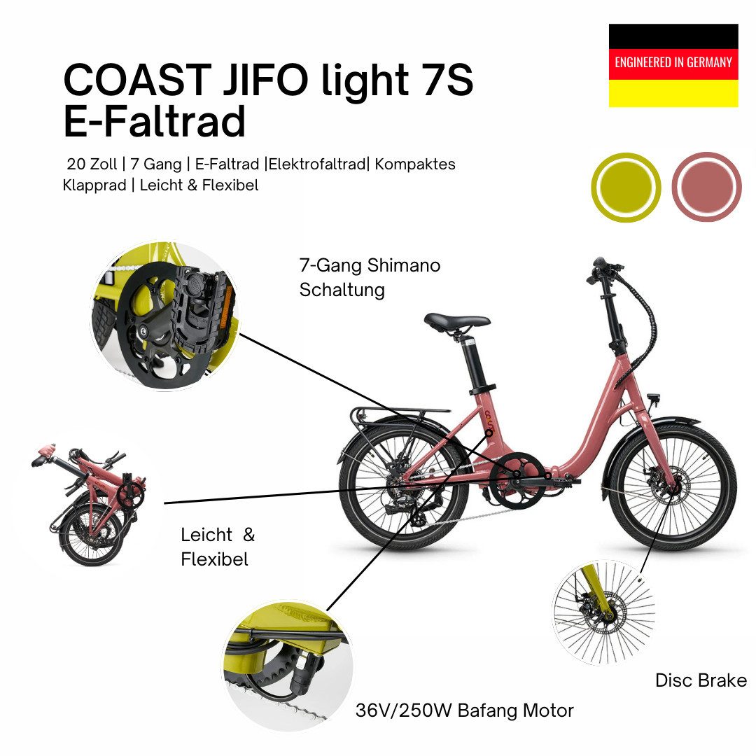 COAST-BIKES Faltrad Elektro, 20 Zoll, 7 Gang, E-Faltrad, Elektrofaltrad, Leicht & Flexibel