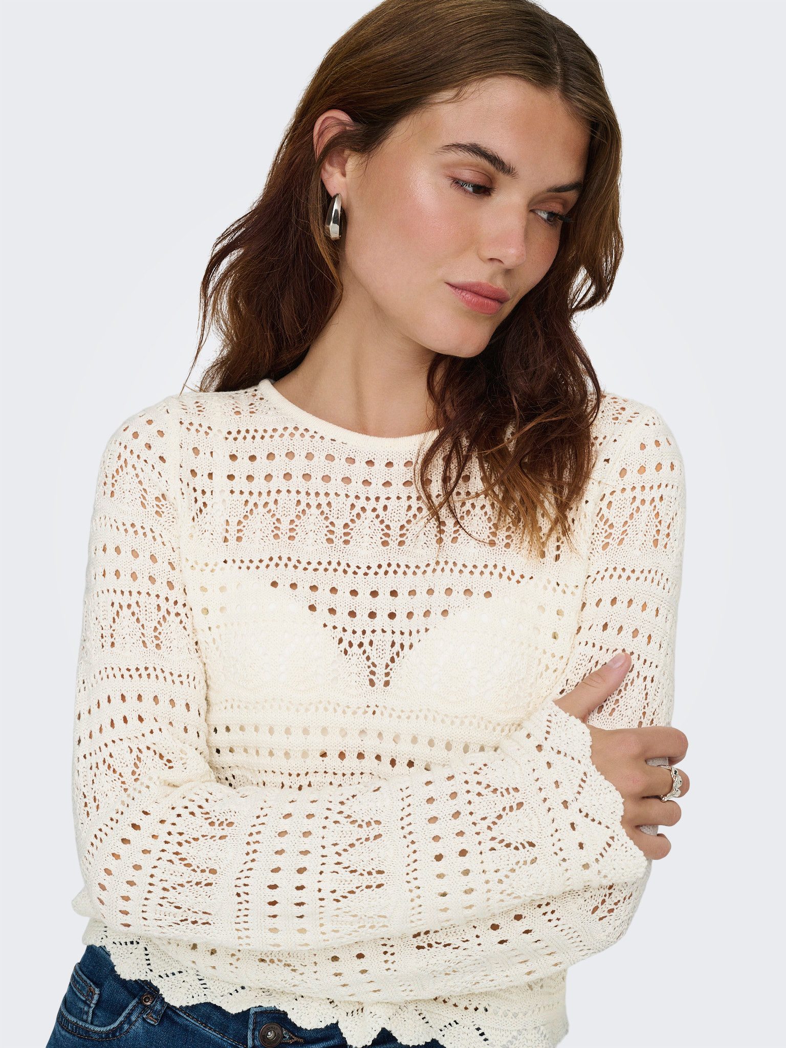 ONLY Strickpullover ONLELKE LIFE LS PULLOVER KNT NOOS Lochstickerei, verkürzte Form