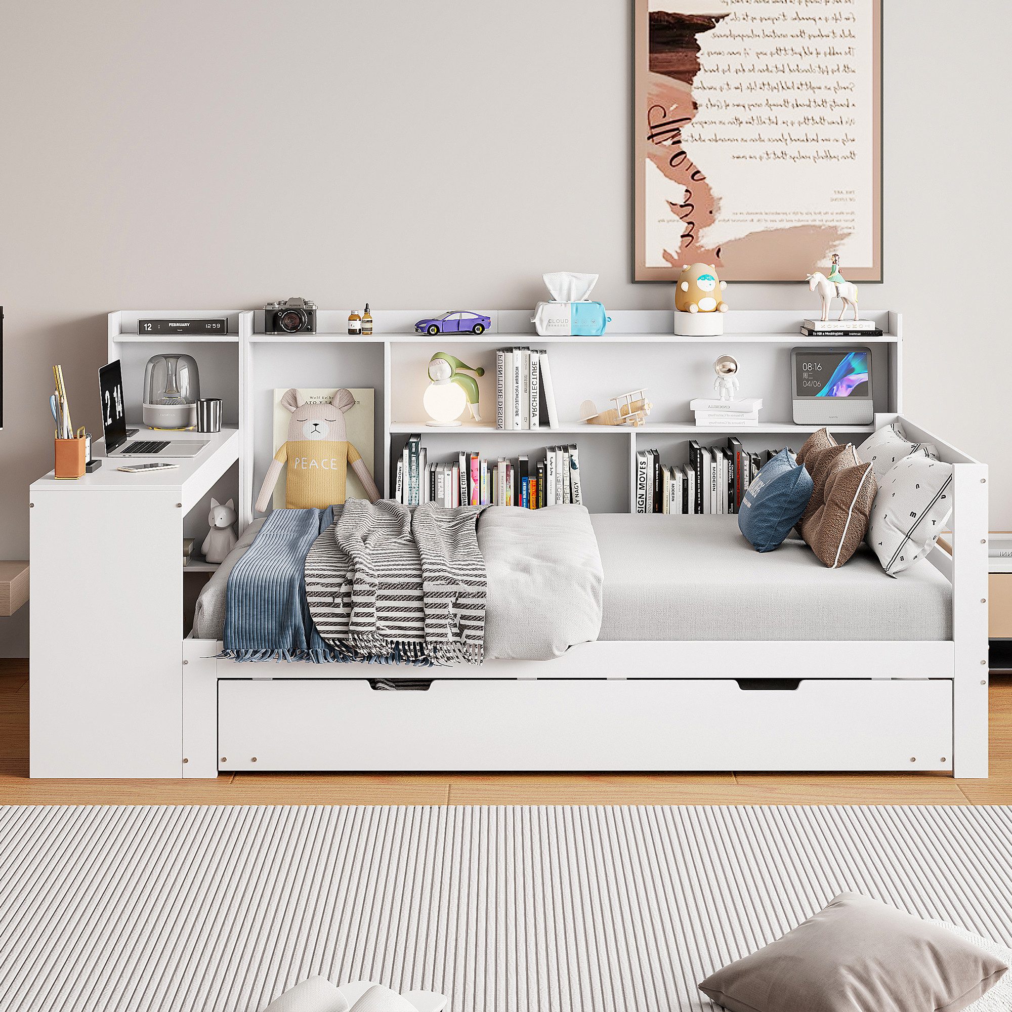 Odikalo Ausziehbett Daybett Schlafsofa Schreibtisch Regal Ablagefach Weiß/Grau 90/140, Multifunktionales Holzbett, Mit Steckdose