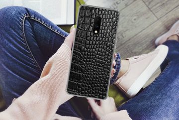 MuchoWow Handyhülle Leder - Strukturiert - Schwarz - Grau, Phone Case, Handyhülle OnePlus 7, Silikon, Schutzhülle