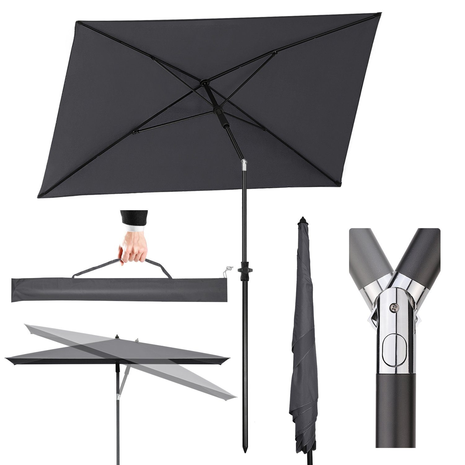 Sekey Sonnenschirm 210 x 140 cm, UV-Schutz 50+ Balkonschirm Rechteckig mit Schutzhülle, LxB: 210,00x140,00 cm, Höhenverstellbar, Kippbar